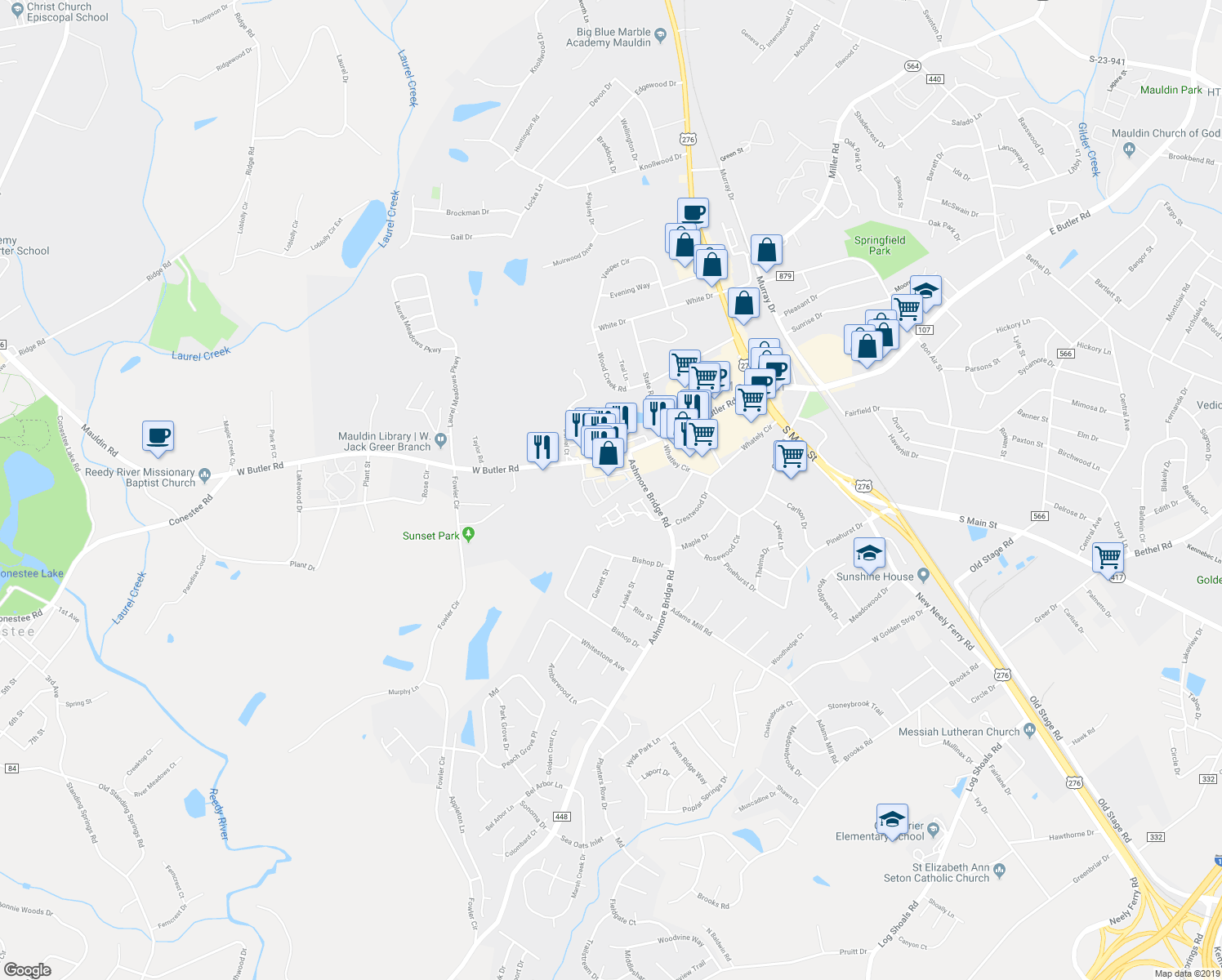 map of restaurants, bars, coffee shops, grocery stores, and more near 423 West Butler Road in Mauldin