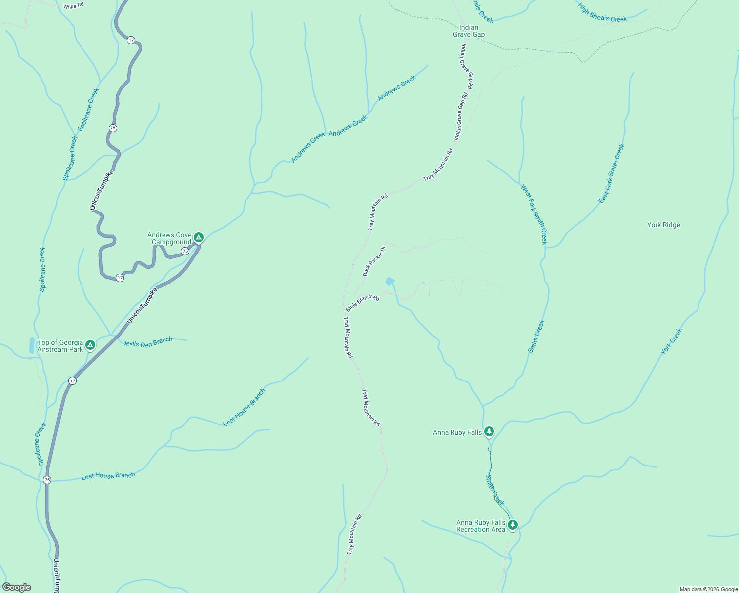 map of restaurants, bars, coffee shops, grocery stores, and more near Mule Branch Road in Sautee Nacoochee