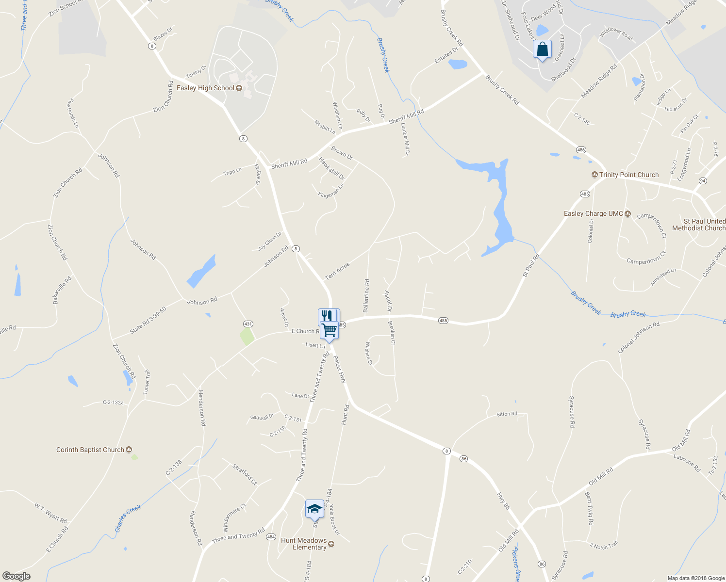 map of restaurants, bars, coffee shops, grocery stores, and more near 115 Ballentine Road in Easley
