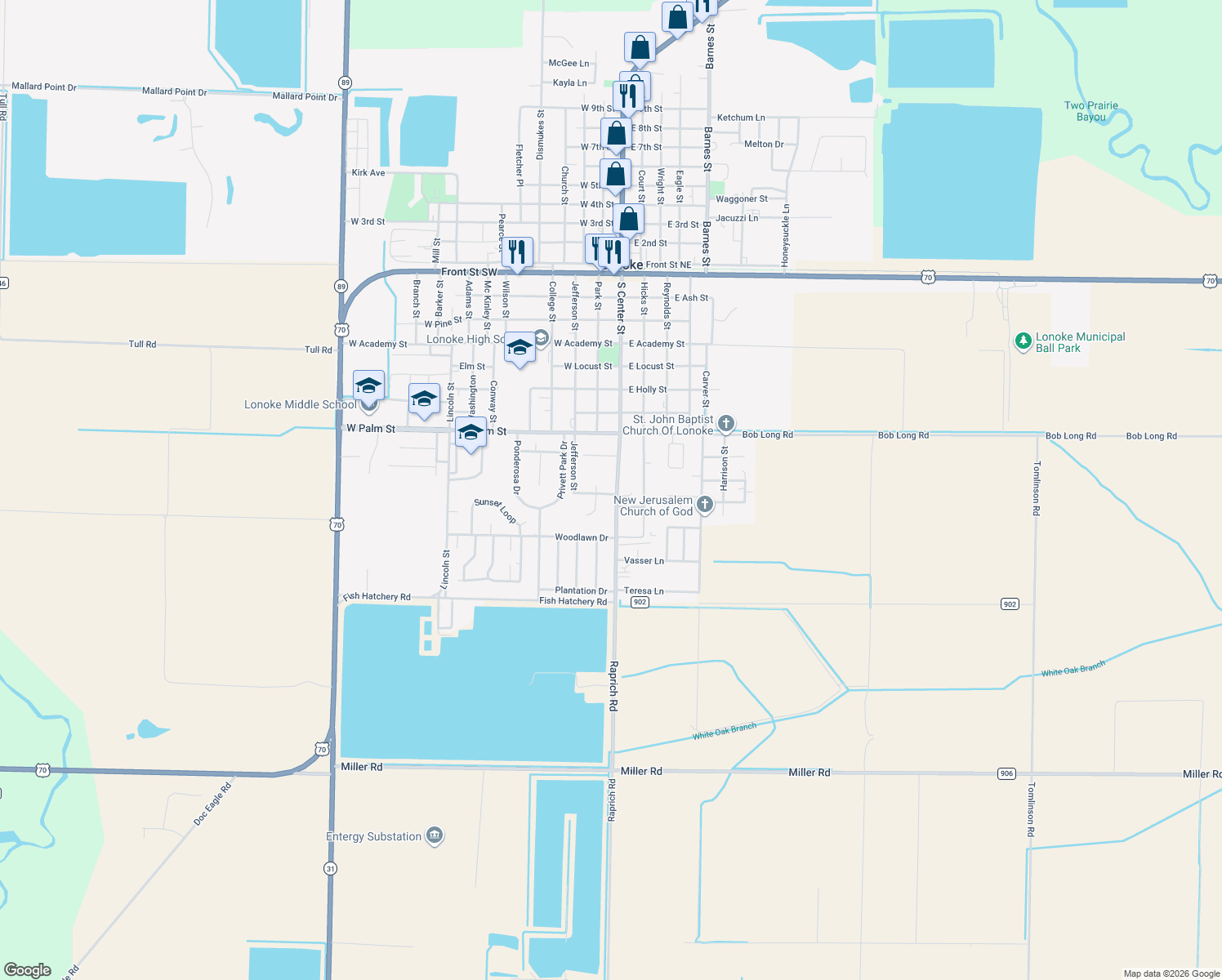 map of restaurants, bars, coffee shops, grocery stores, and more near 104 Hamburg St in Lonoke
