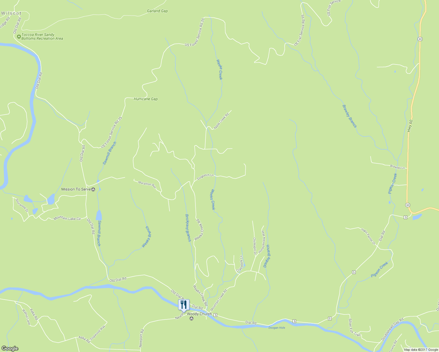 map of restaurants, bars, coffee shops, grocery stores, and more near 492 Dogpatch Lane in Blue Ridge