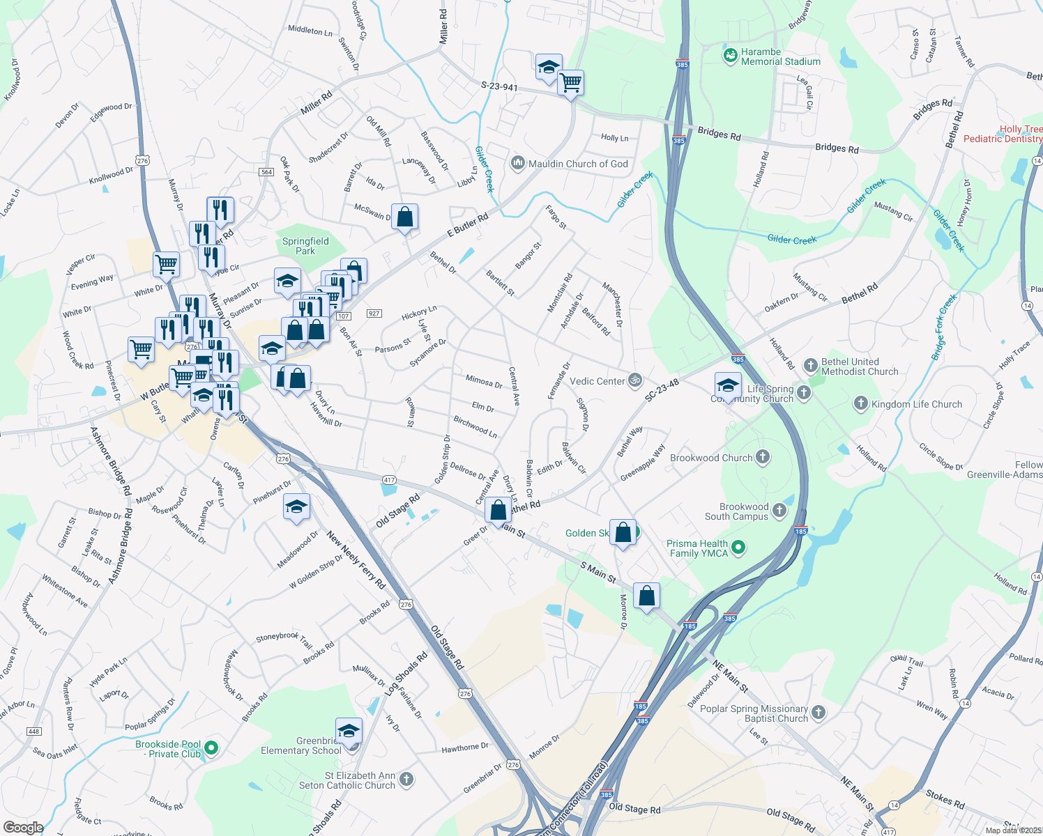 map of restaurants, bars, coffee shops, grocery stores, and more near 500 Central Avenue in Mauldin