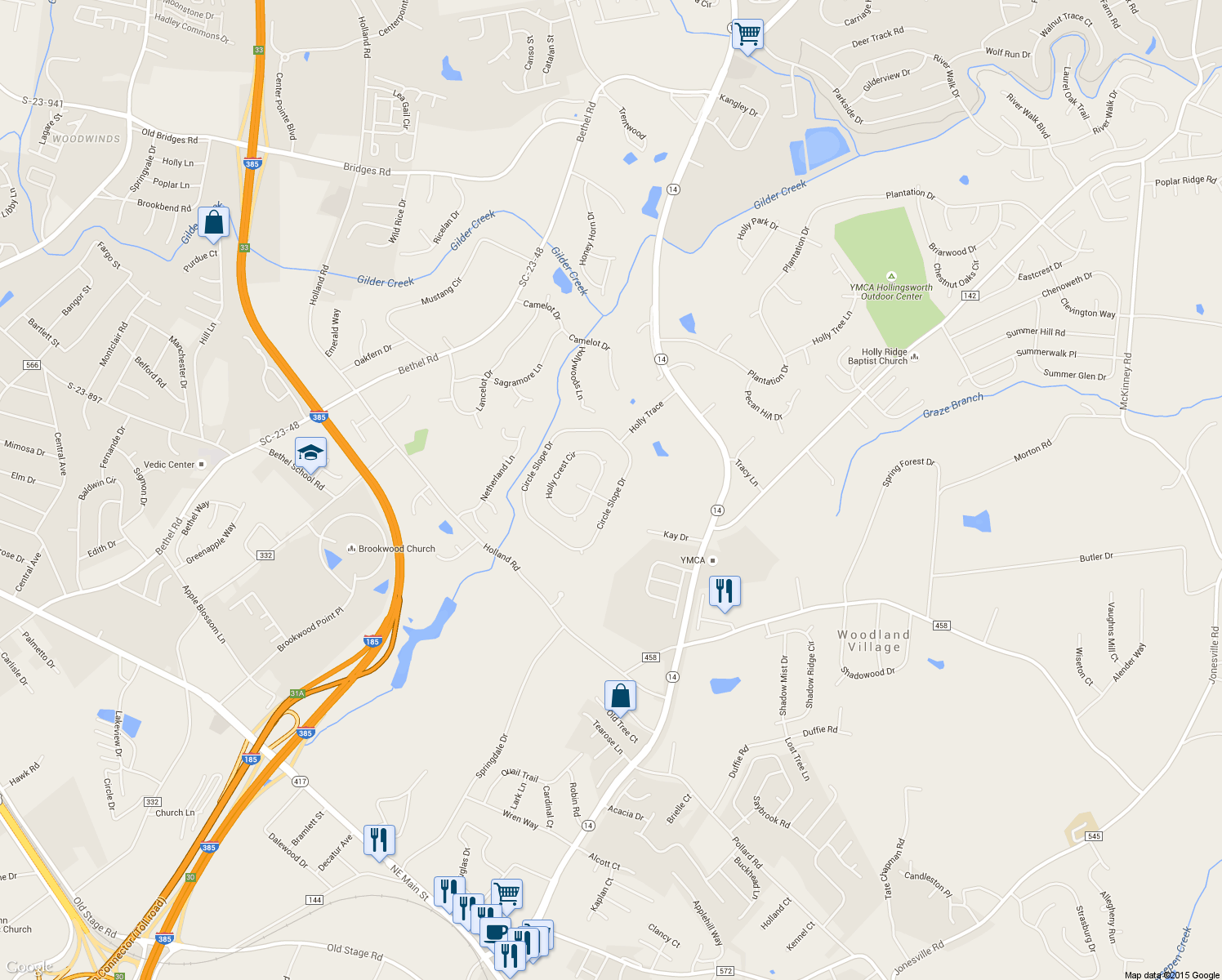 map of restaurants, bars, coffee shops, grocery stores, and more near 303 Circle Slope Drive in Simpsonville