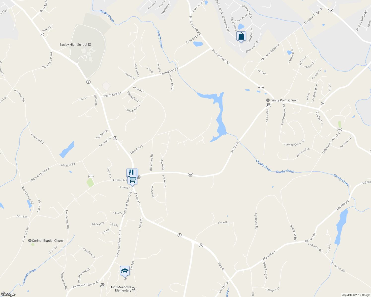 map of restaurants, bars, coffee shops, grocery stores, and more near 107 Garlington Court in Easley