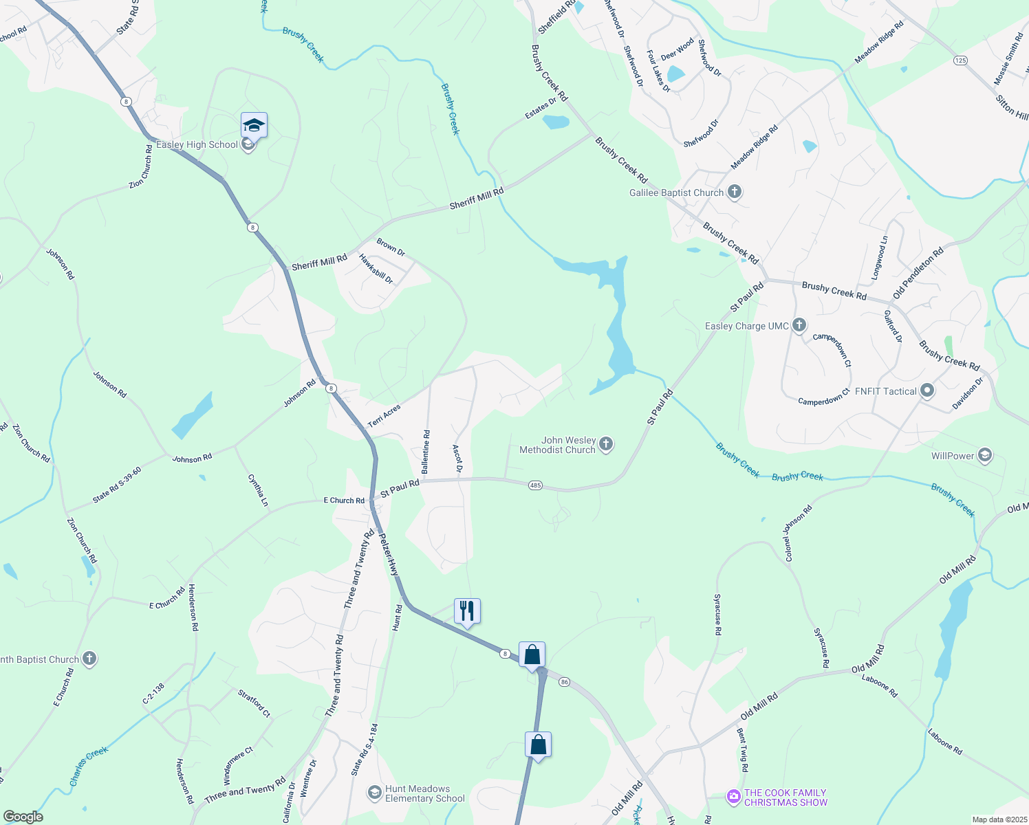 map of restaurants, bars, coffee shops, grocery stores, and more near 107 Garlington Court in Easley