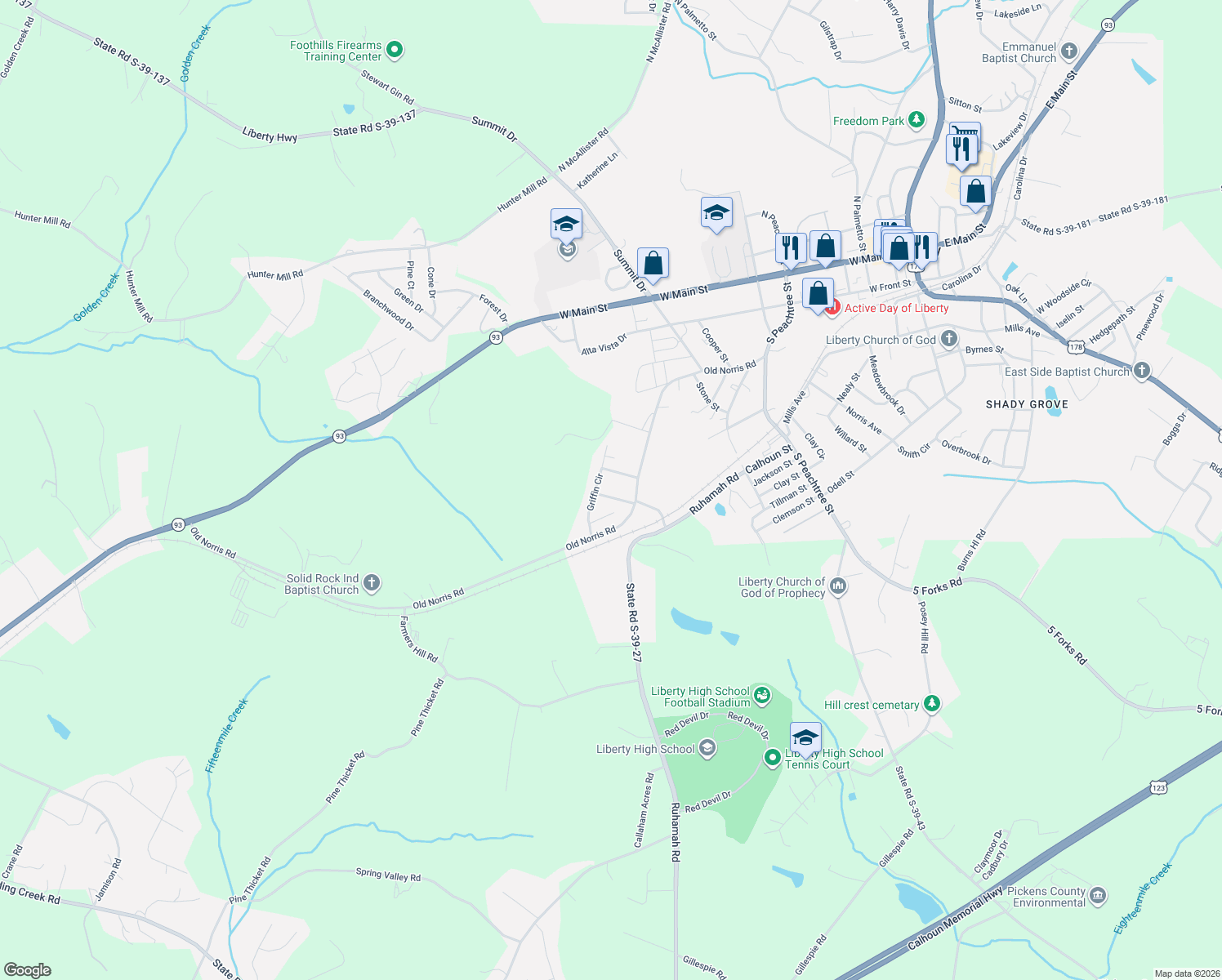 map of restaurants, bars, coffee shops, grocery stores, and more near 118 Norman Street in Liberty
