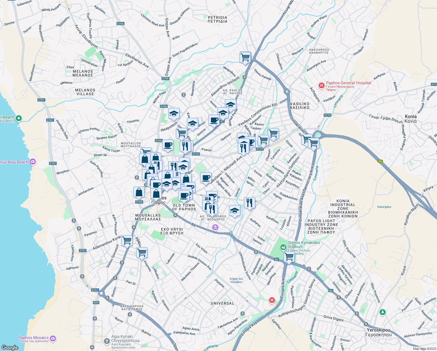 map of restaurants, bars, coffee shops, grocery stores, and more near Nikolaou I. Nikolaidi Avenue in Paphos