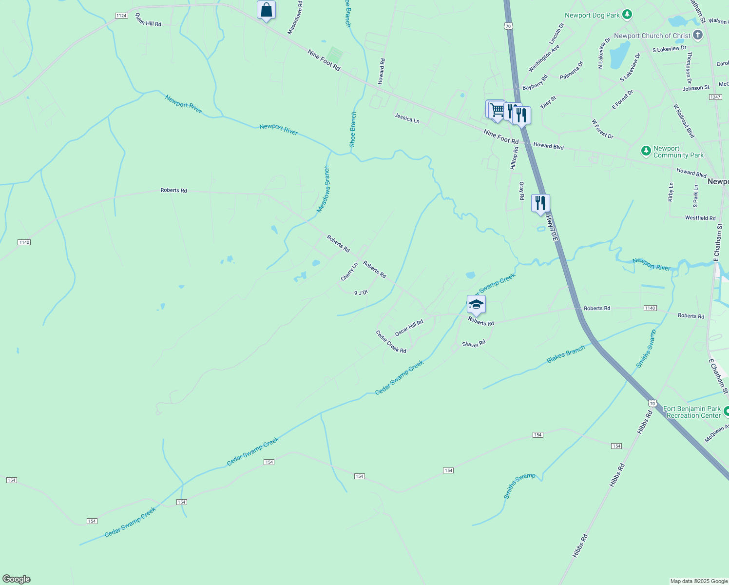 map of restaurants, bars, coffee shops, grocery stores, and more near 118 9 J Dr in Newport