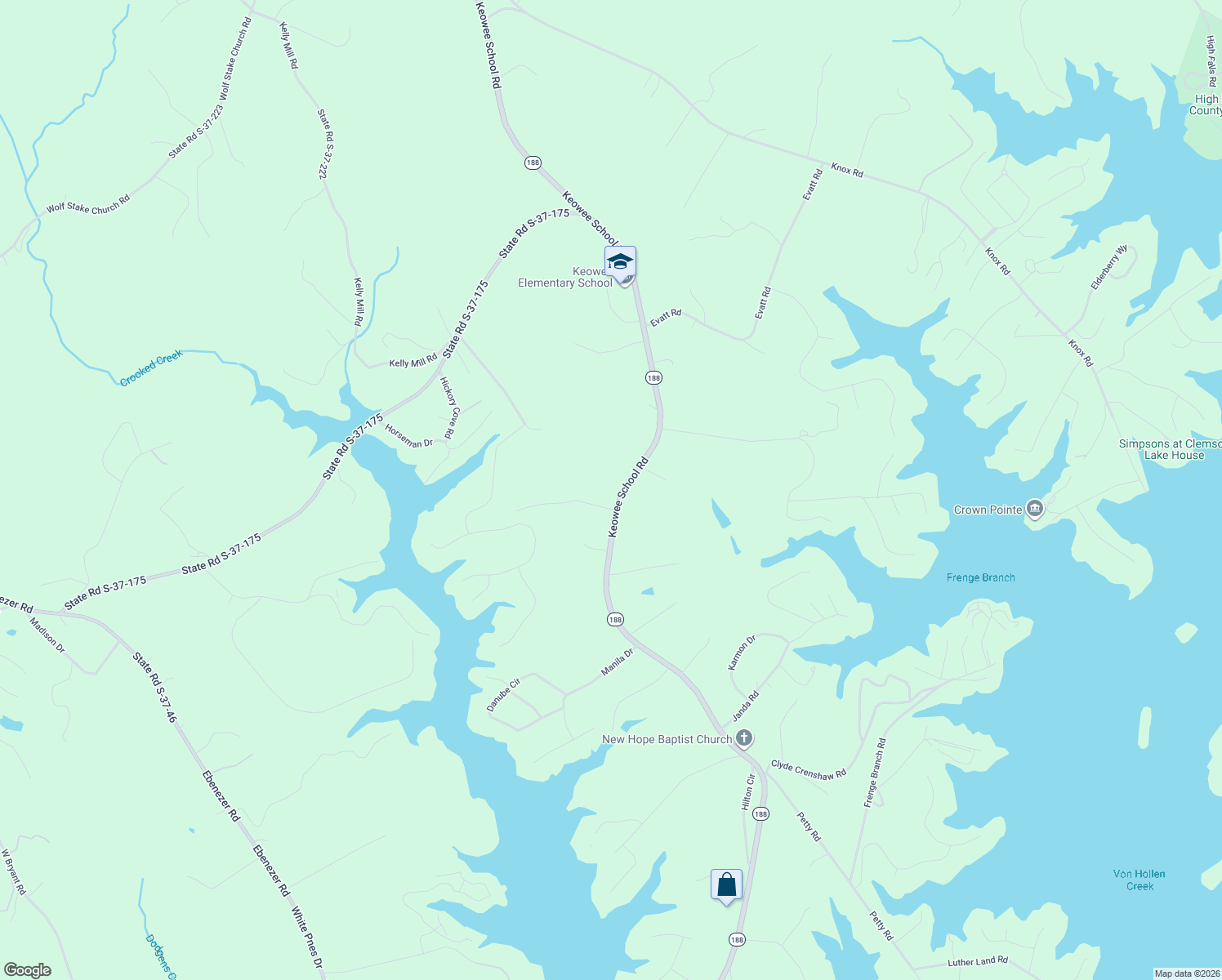 map of restaurants, bars, coffee shops, grocery stores, and more near 5053 Keowee School Road in Seneca