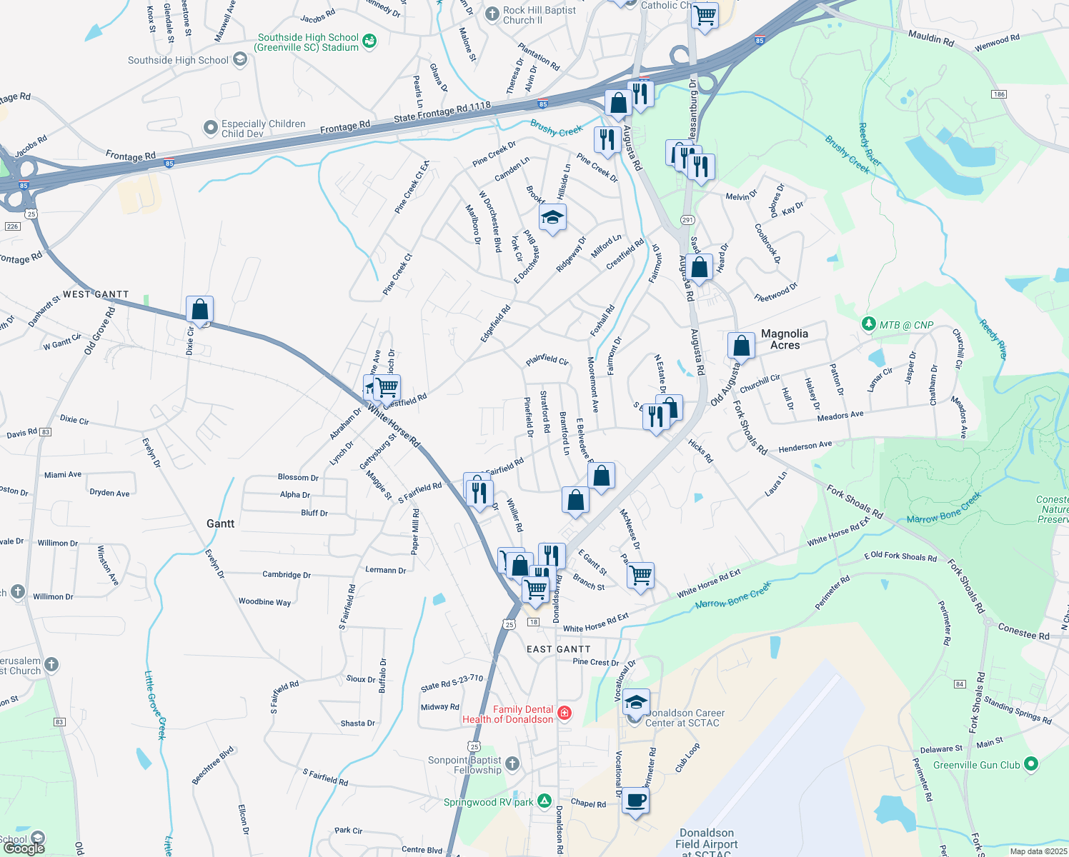 map of restaurants, bars, coffee shops, grocery stores, and more near 200 Pinefield Drive in Greenville