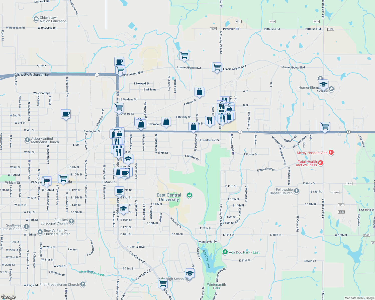 map of restaurants, bars, coffee shops, grocery stores, and more near 1415 E Sunrise Ln in Ada
