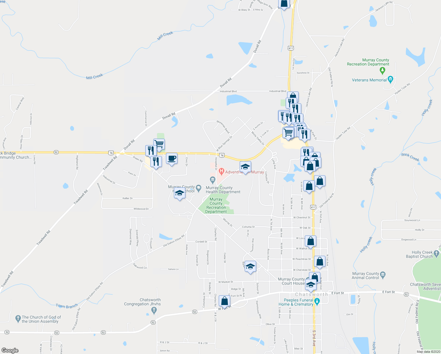 map of restaurants, bars, coffee shops, grocery stores, and more near 707 Old Dalton Ellijay Road in Chatsworth