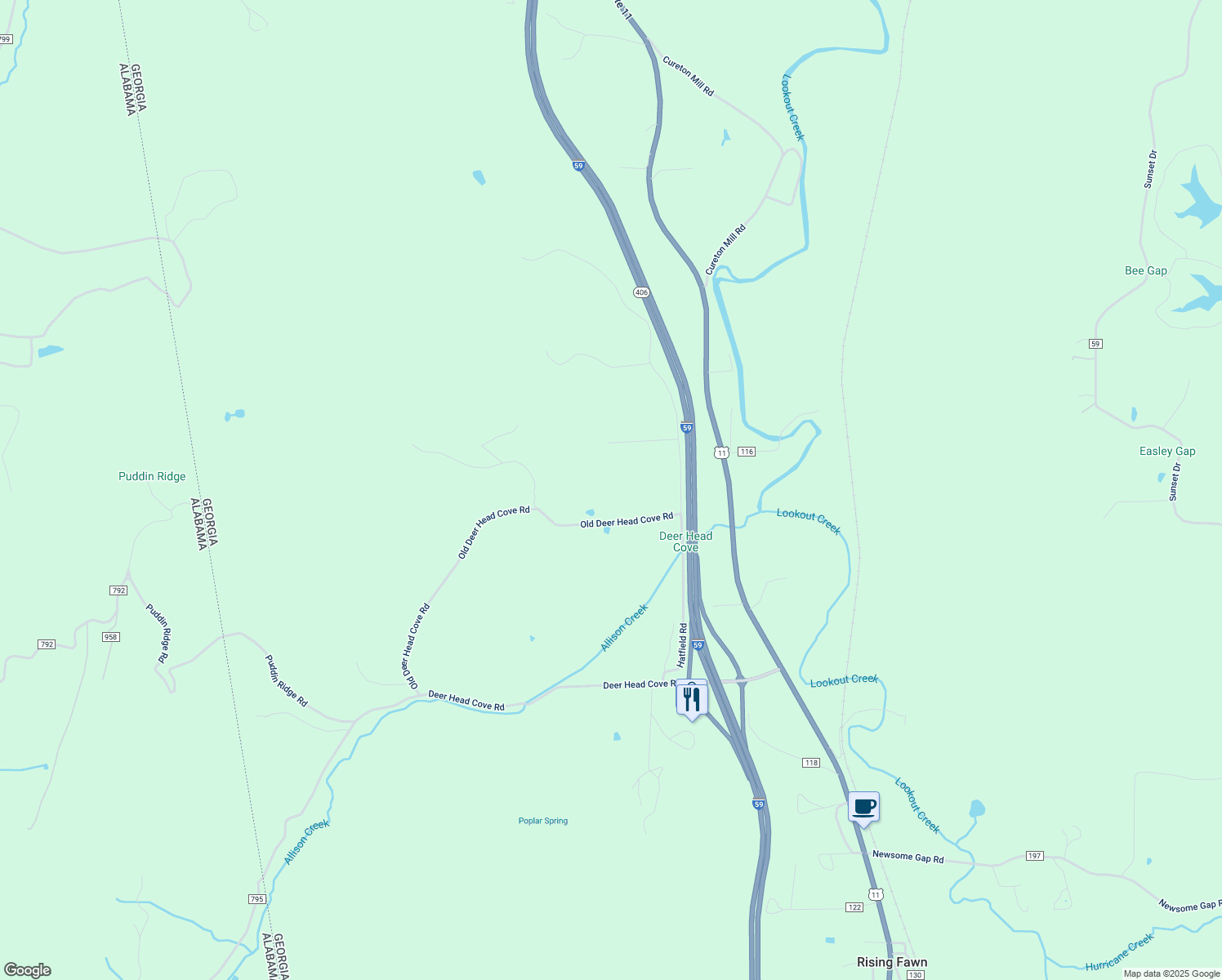 map of restaurants, bars, coffee shops, grocery stores, and more near 260 Old Deer Head Cove Road in Rising Fawn