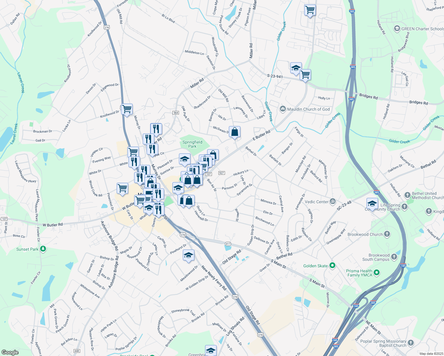 map of restaurants, bars, coffee shops, grocery stores, and more near 107 Hickory Lane in Mauldin