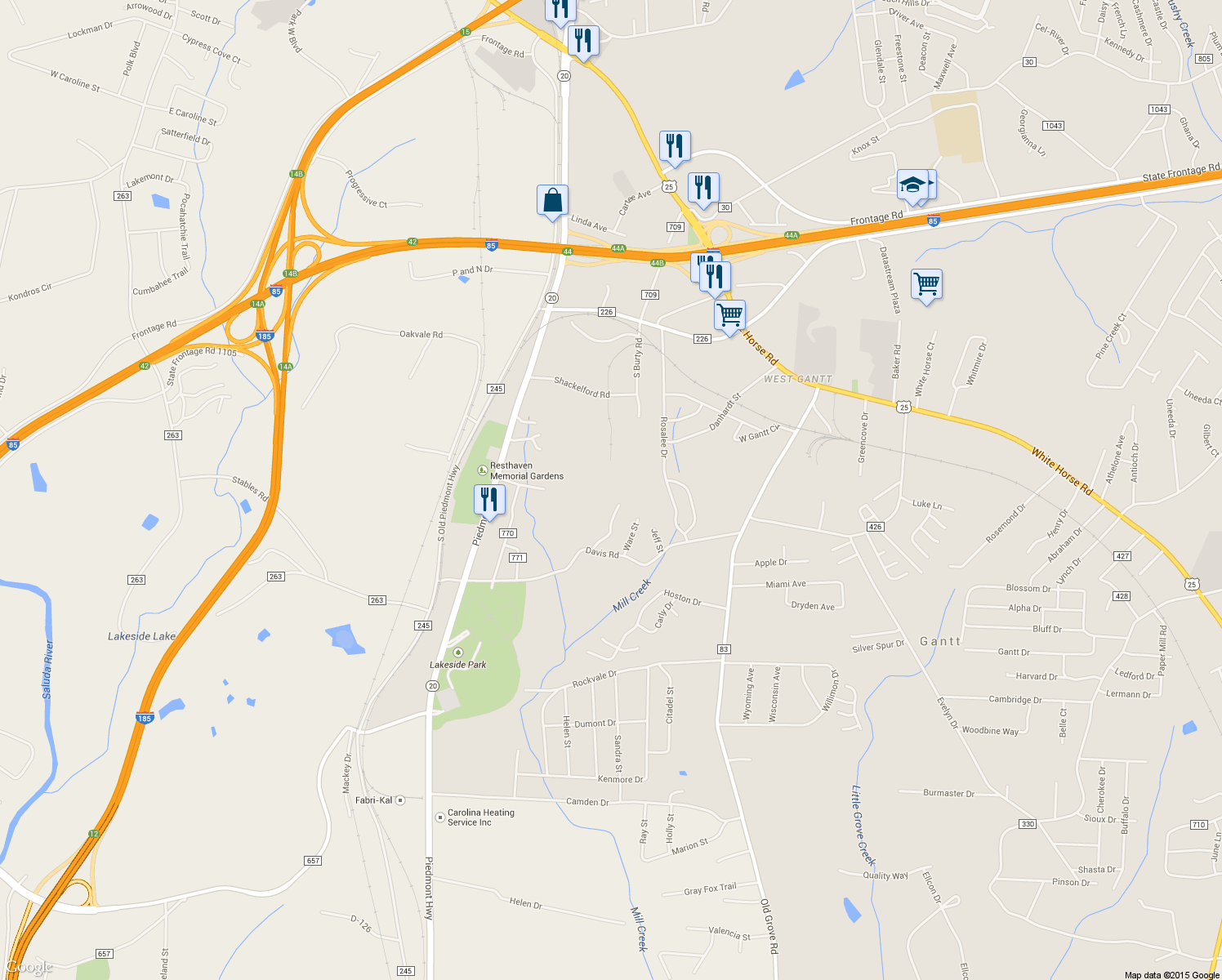 map of restaurants, bars, coffee shops, grocery stores, and more near 121 McCullough Road in Piedmont