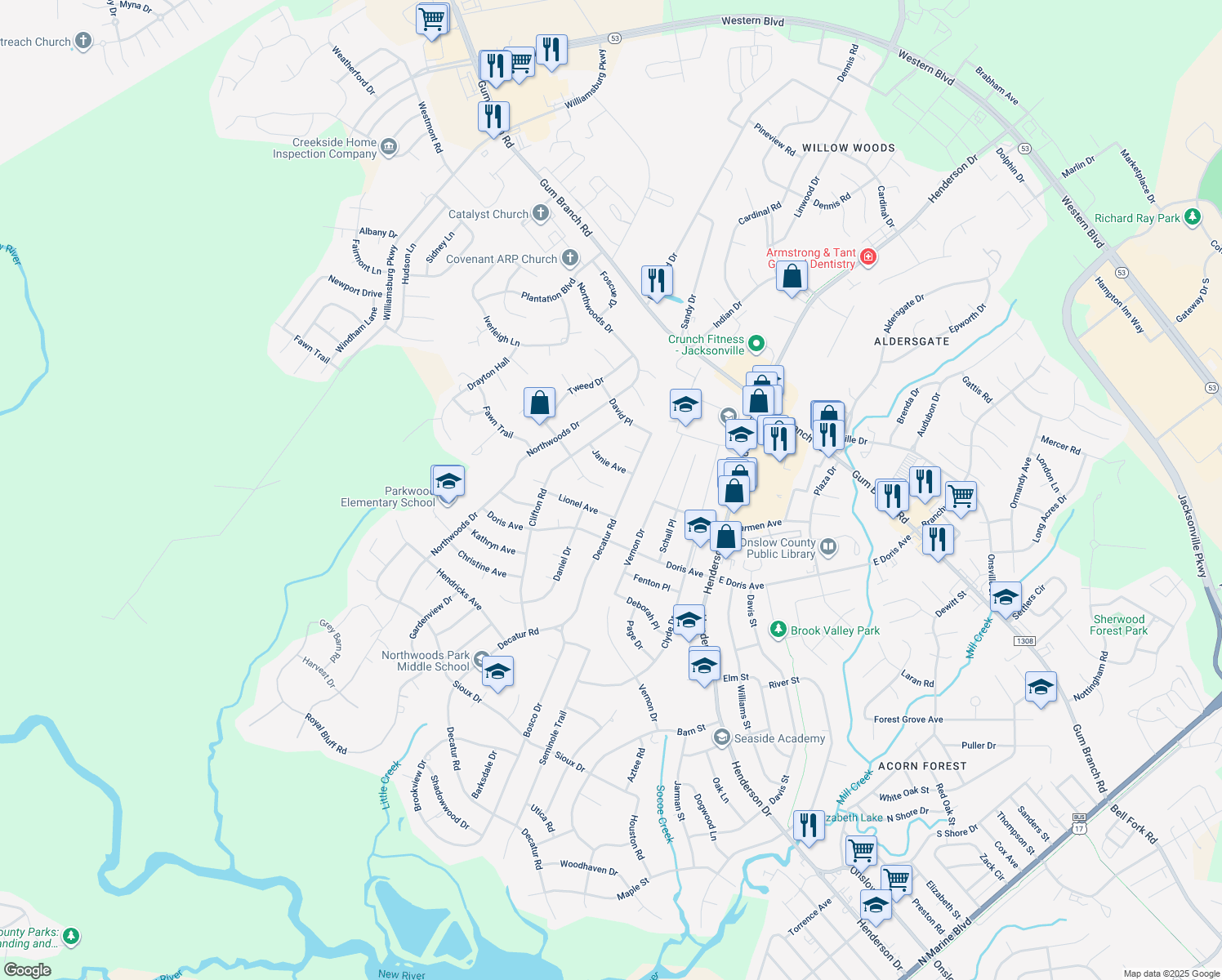 map of restaurants, bars, coffee shops, grocery stores, and more near 100 Ramona Avenue in Jacksonville