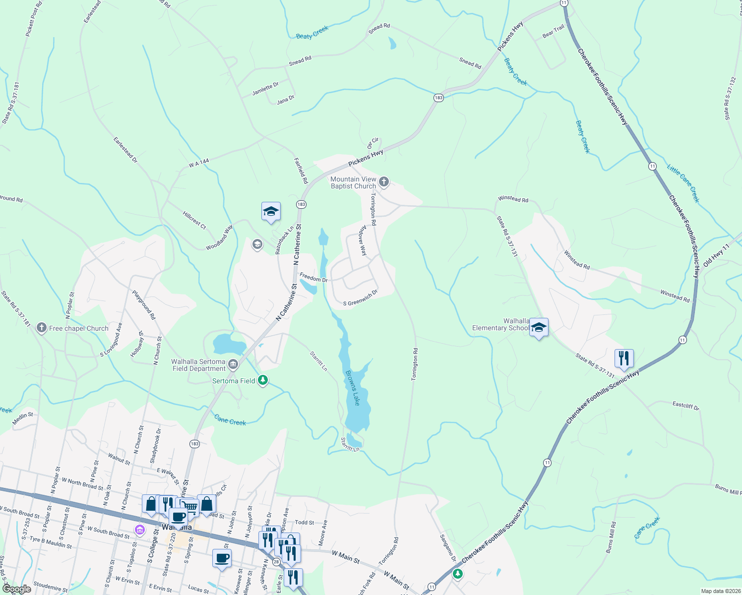 map of restaurants, bars, coffee shops, grocery stores, and more near 1044 South Greenwich Drive in Walhalla