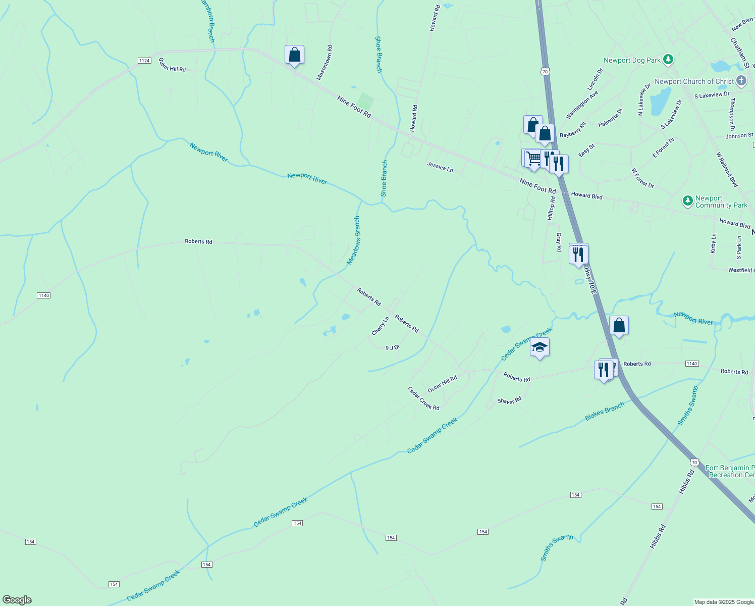map of restaurants, bars, coffee shops, grocery stores, and more near 890 Roberts Rd in Newport