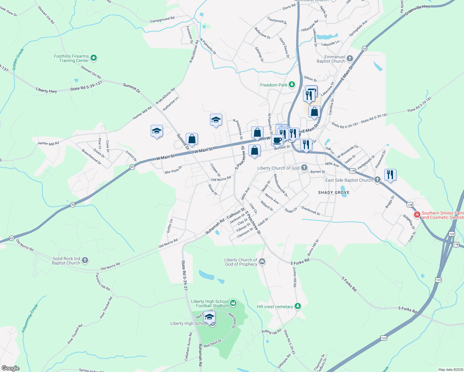 map of restaurants, bars, coffee shops, grocery stores, and more near 314 South Peachtree Street in Liberty