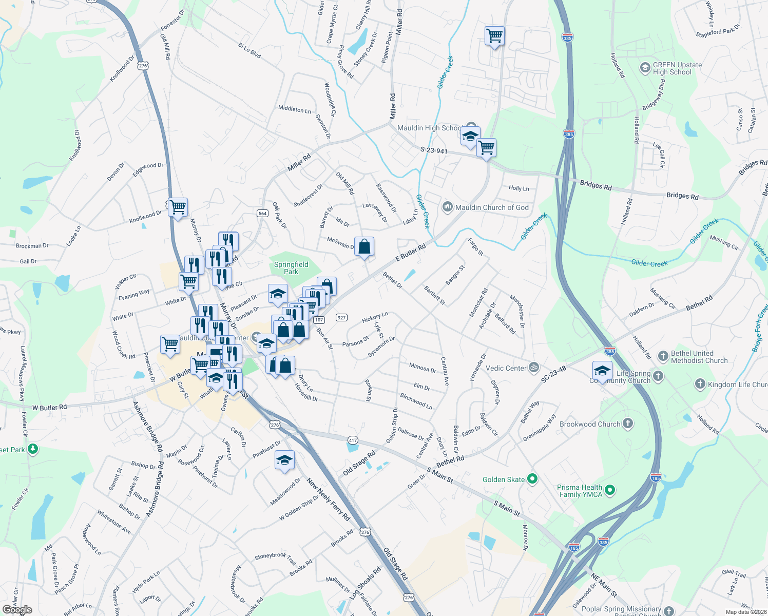 map of restaurants, bars, coffee shops, grocery stores, and more near 205 Hickory Ln in Mauldin