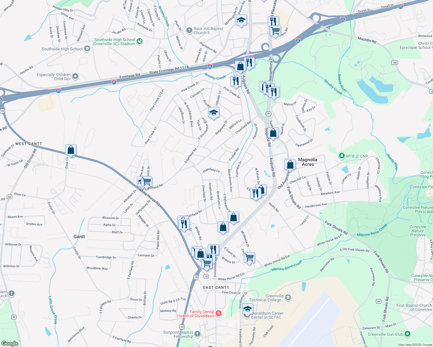 map of restaurants, bars, coffee shops, grocery stores, and more near 31 Plainfield Circle in Greenville