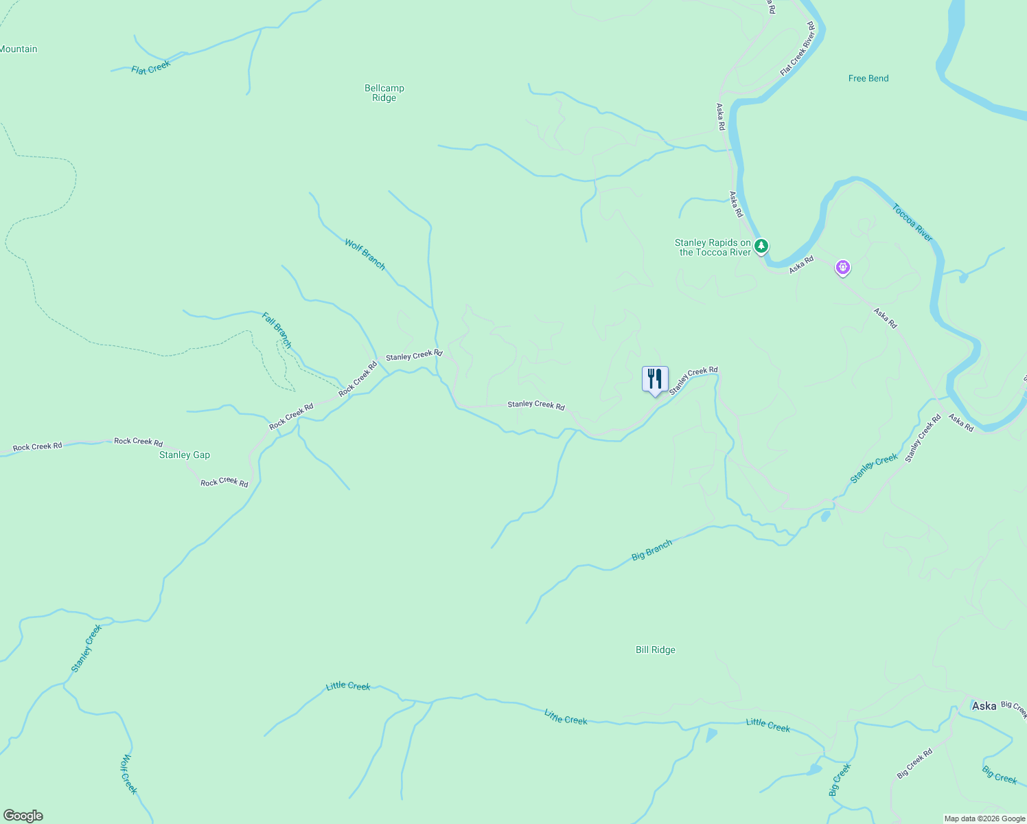 map of restaurants, bars, coffee shops, grocery stores, and more near 1340 Stanley Creek Road in Cherry Log