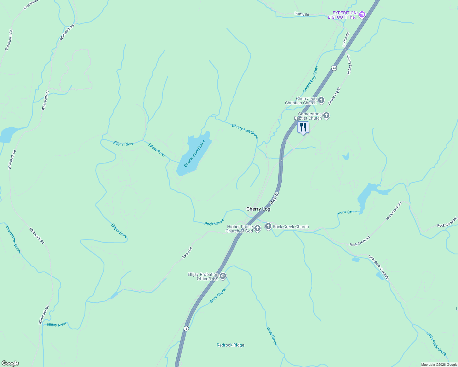 map of restaurants, bars, coffee shops, grocery stores, and more near 315 Goose Island Road in Cherry Log