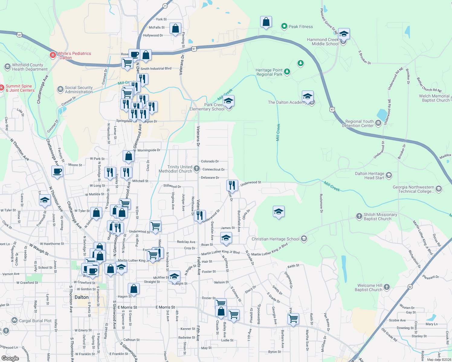 map of restaurants, bars, coffee shops, grocery stores, and more near 829 Frazier Dr in Dalton