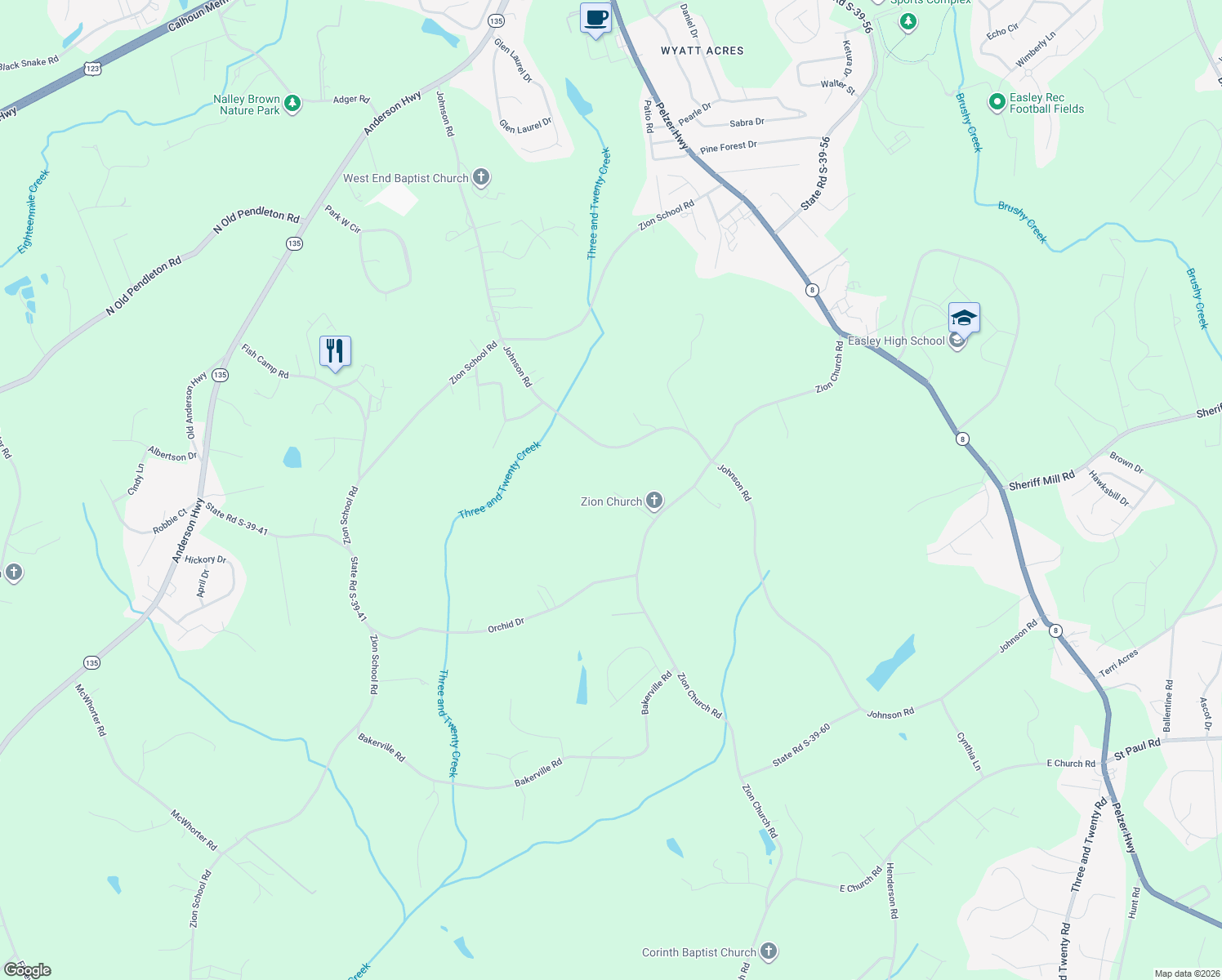 map of restaurants, bars, coffee shops, grocery stores, and more near 444 Zion Church Road in Easley