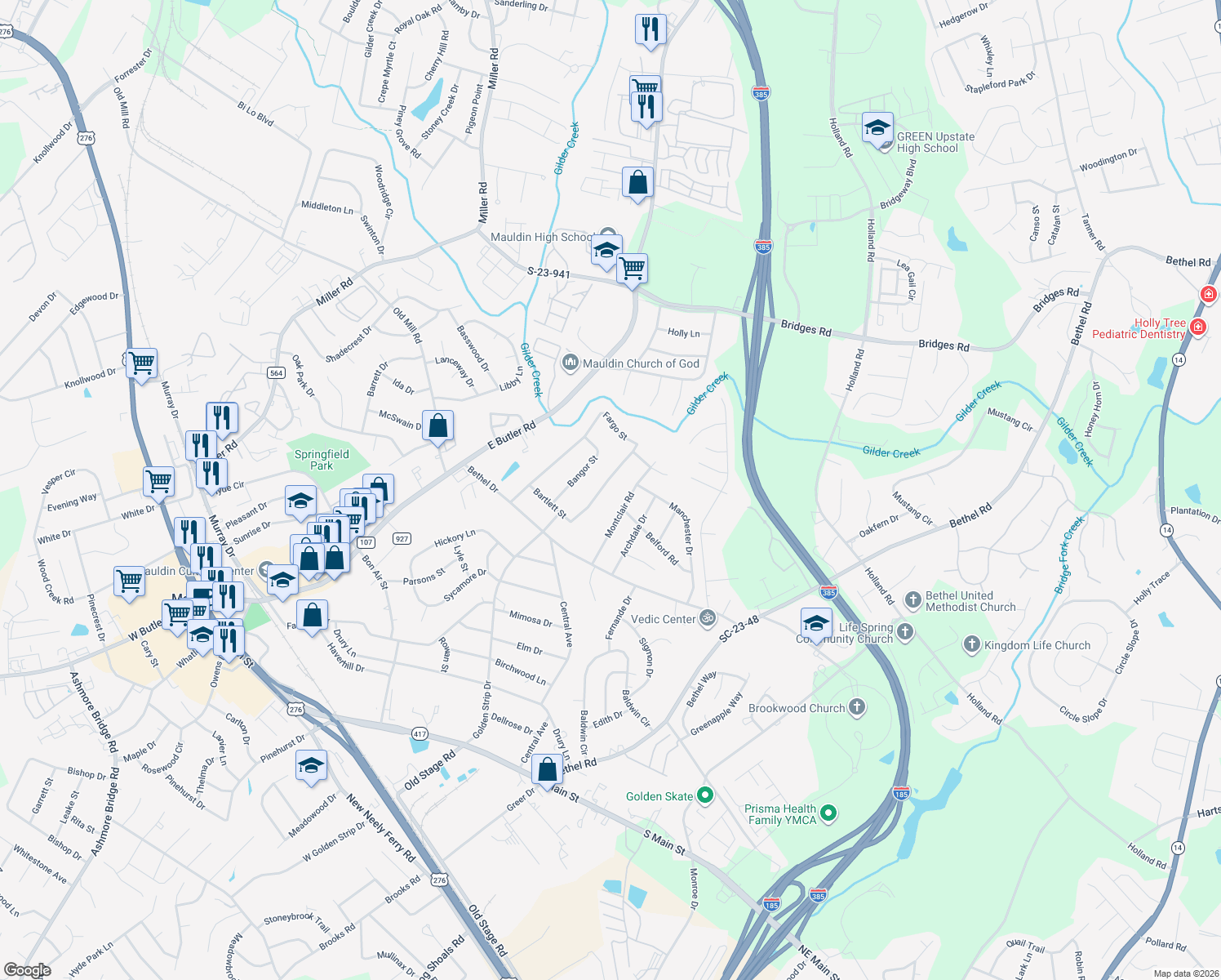 map of restaurants, bars, coffee shops, grocery stores, and more near 971 Fargo Street in Mauldin