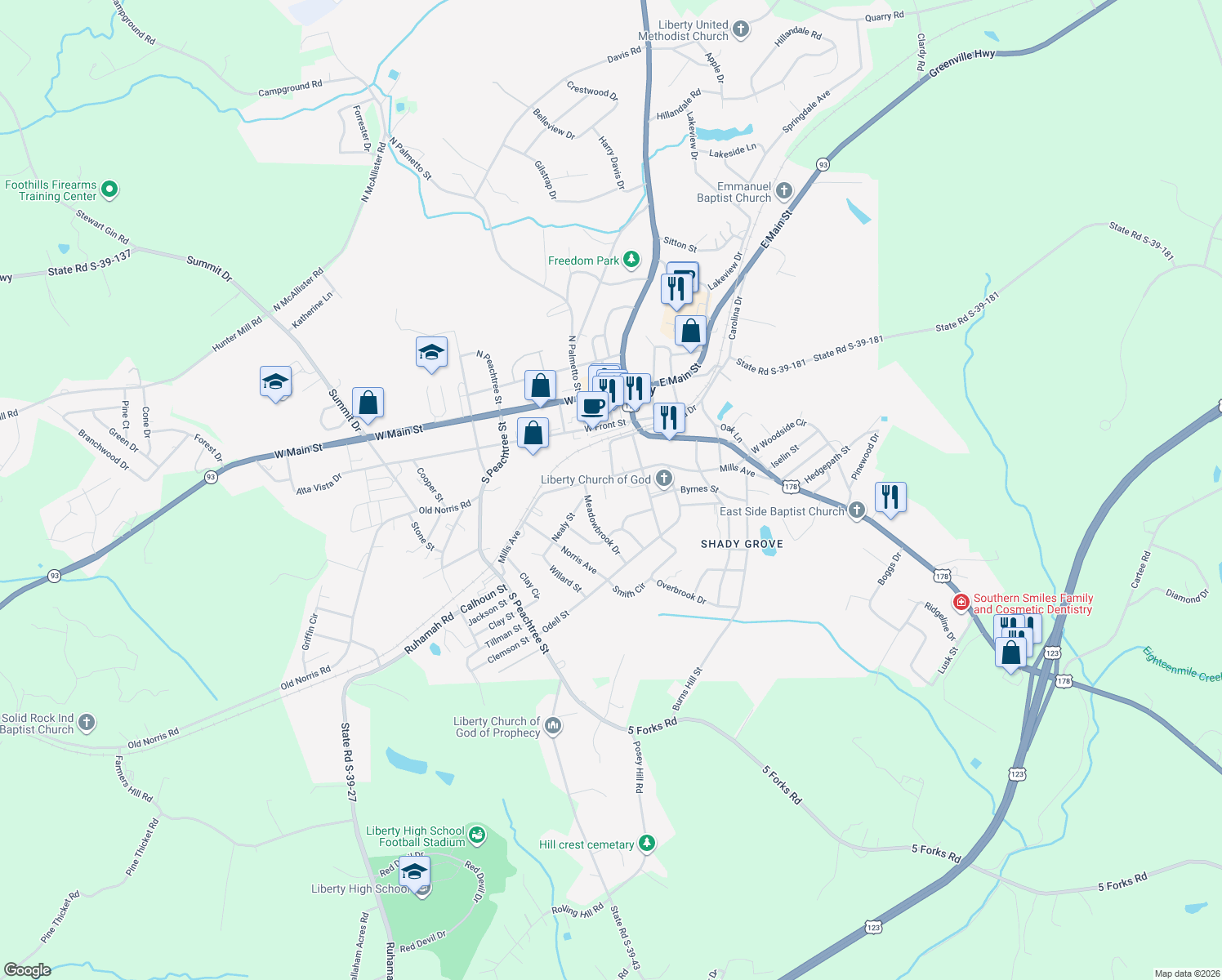 map of restaurants, bars, coffee shops, grocery stores, and more near 5 Mills Ct in Liberty