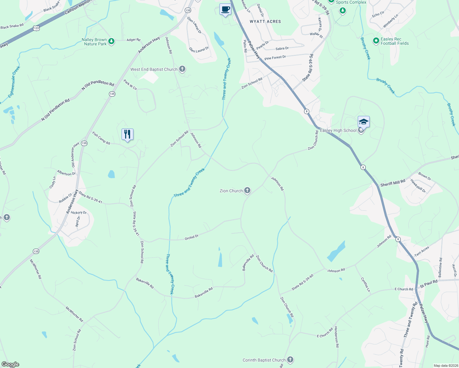 map of restaurants, bars, coffee shops, grocery stores, and more near 444 Zion Church Road in Easley