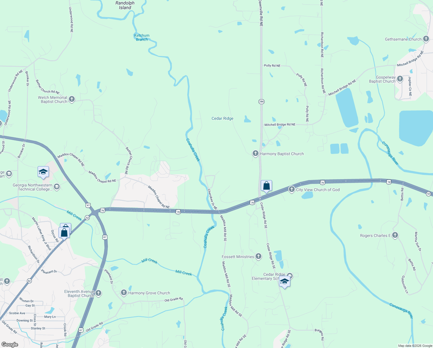 map of restaurants, bars, coffee shops, grocery stores, and more near 226 Indian Drive Northeast in Dalton