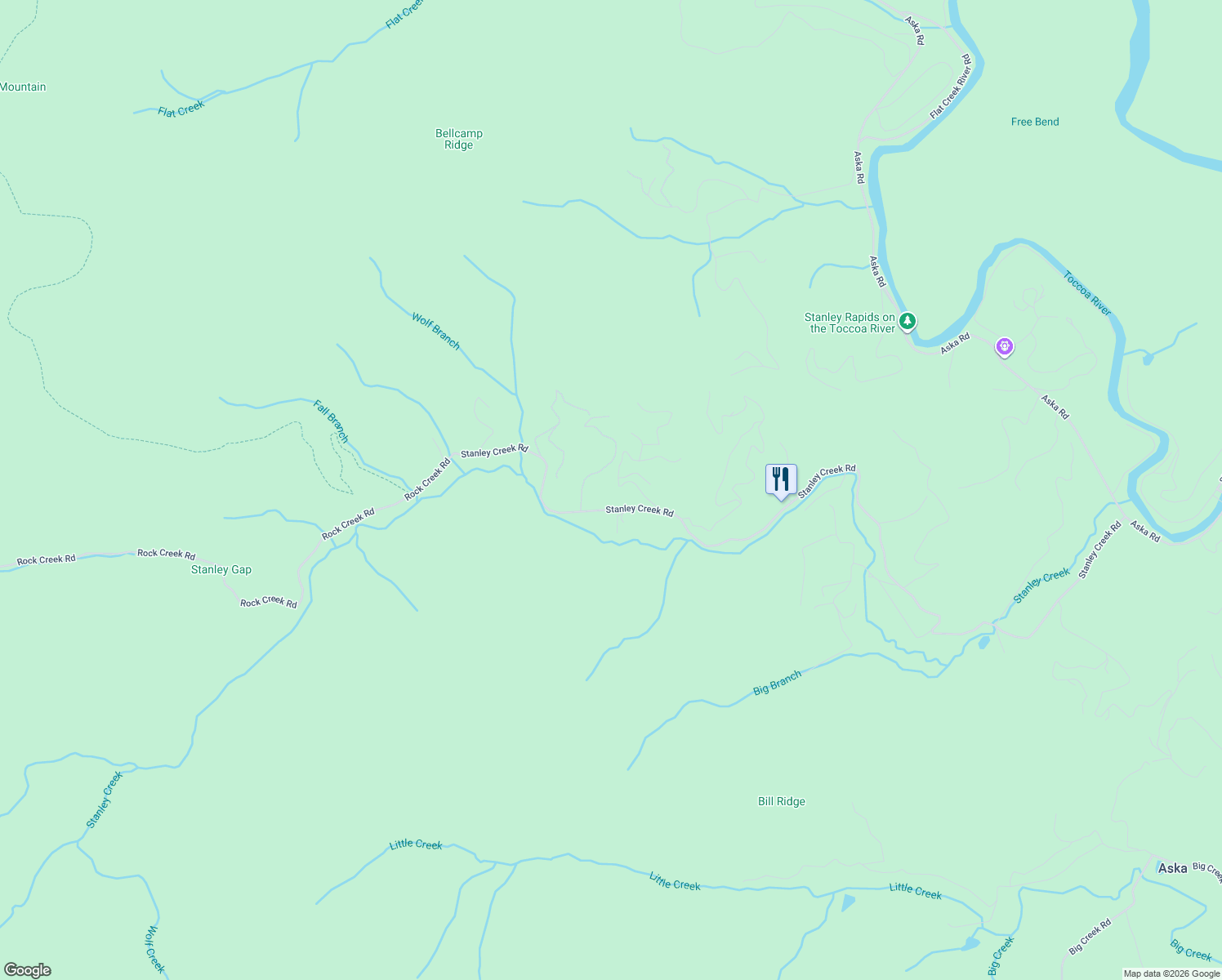 map of restaurants, bars, coffee shops, grocery stores, and more near 1340 Stanley Creek Road in Cherry Log