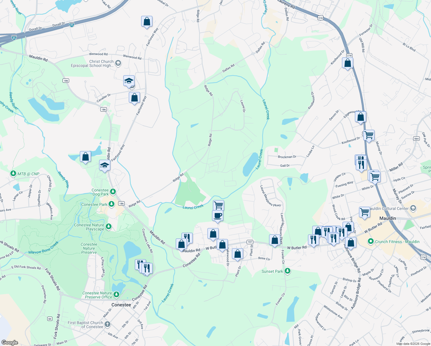 map of restaurants, bars, coffee shops, grocery stores, and more near 1955 Ridge Road in Greenville