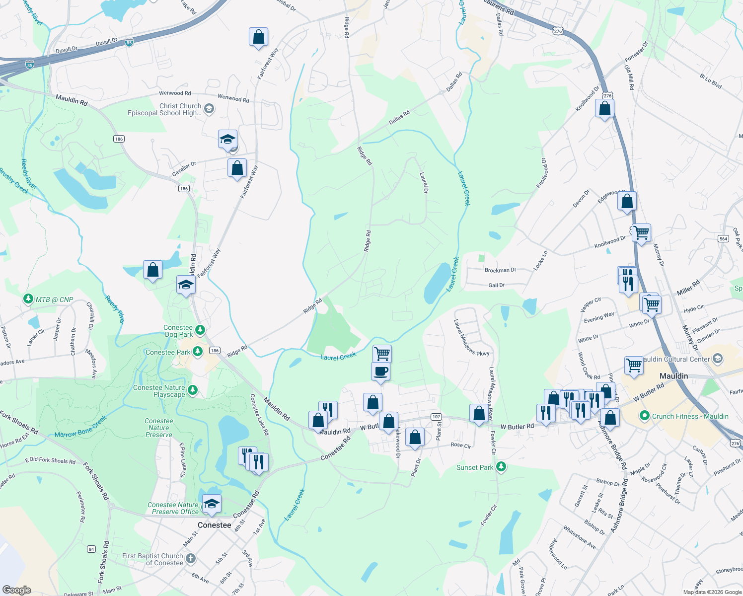 map of restaurants, bars, coffee shops, grocery stores, and more near 1955 Ridge Road in Greenville