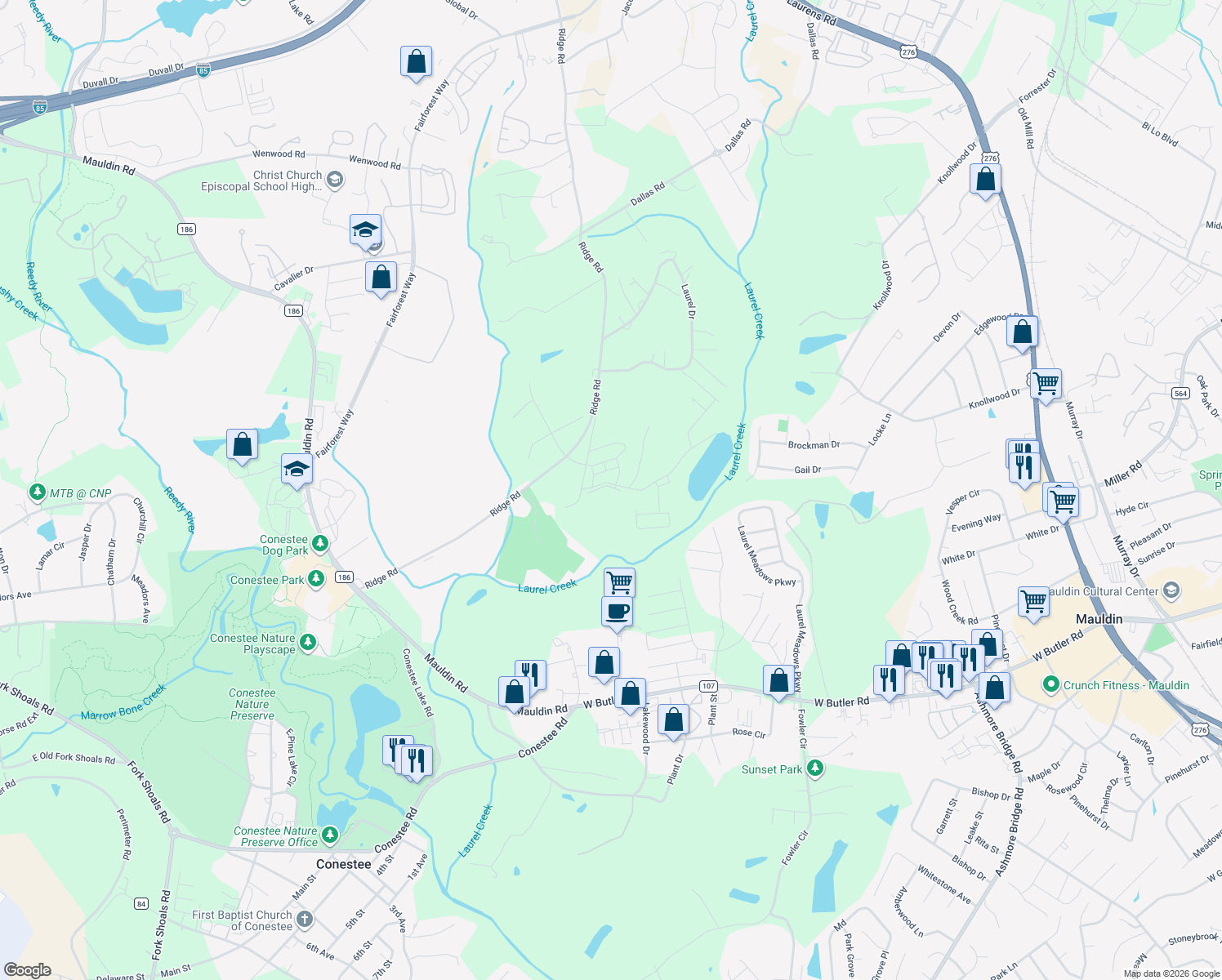 map of restaurants, bars, coffee shops, grocery stores, and more near 1955 Ridge Road in Greenville