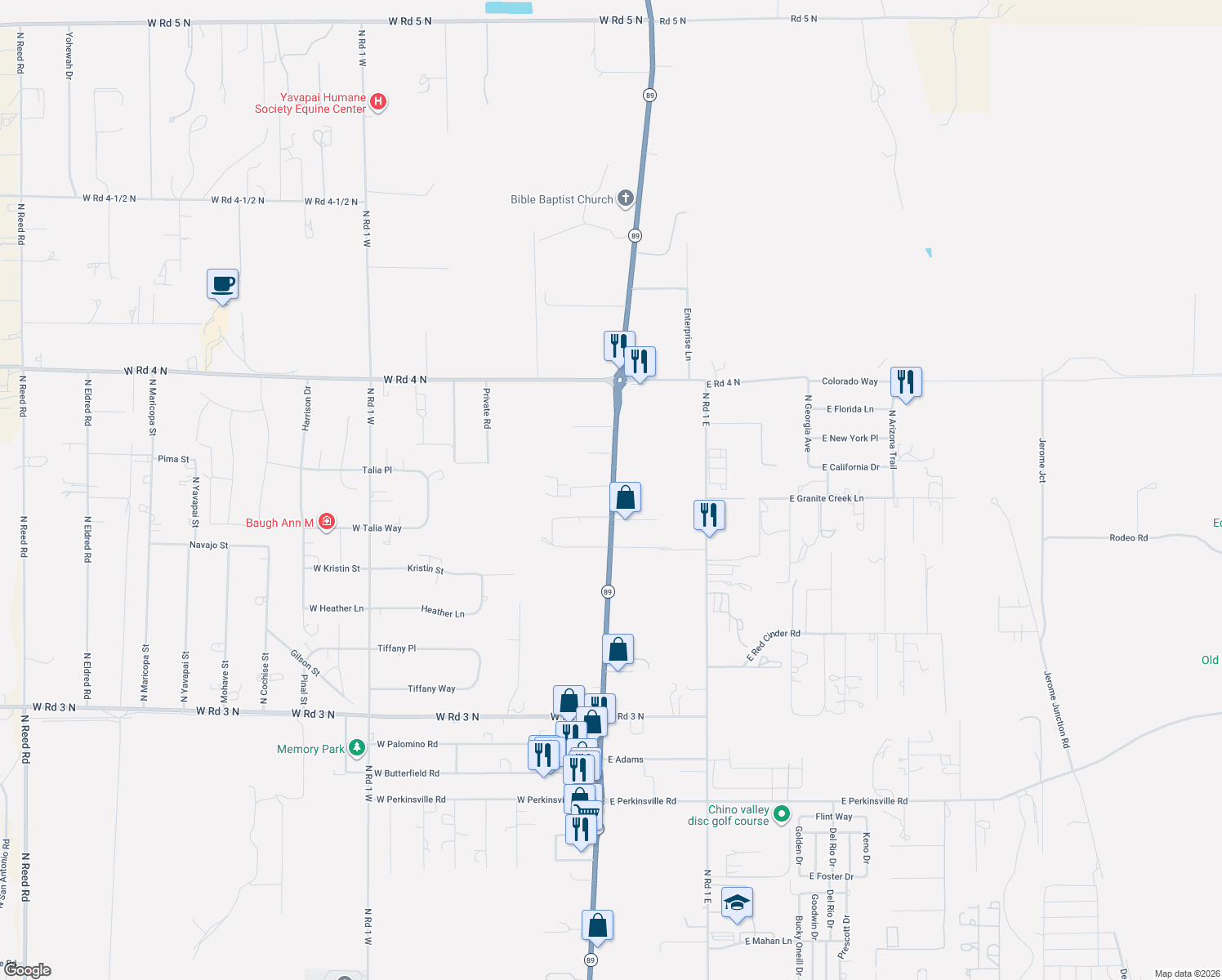 map of restaurants, bars, coffee shops, grocery stores, and more near 2700 State Route 89 in Chino Valley