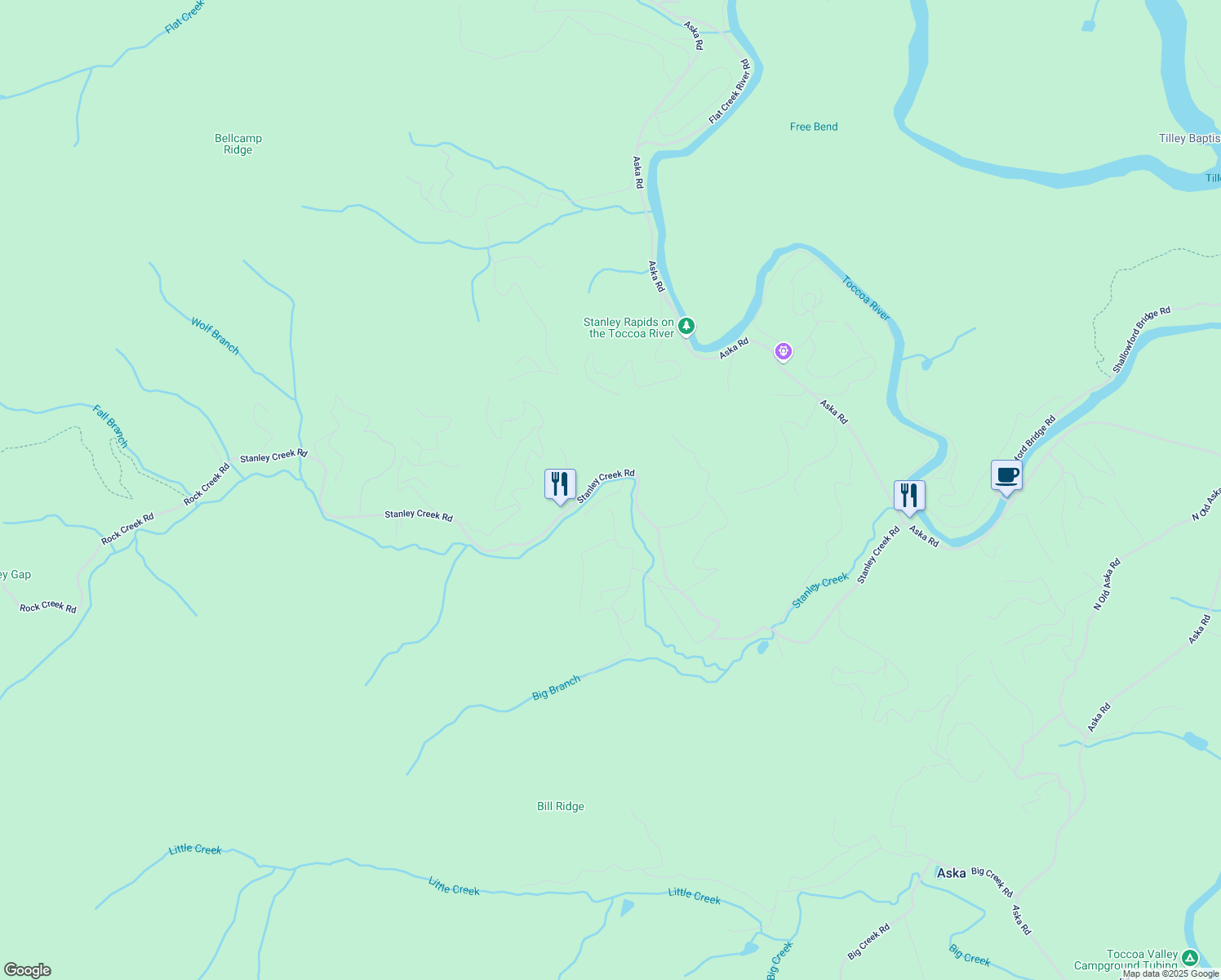 map of restaurants, bars, coffee shops, grocery stores, and more near 70 Stanley Creek Crossing in Cherry Log