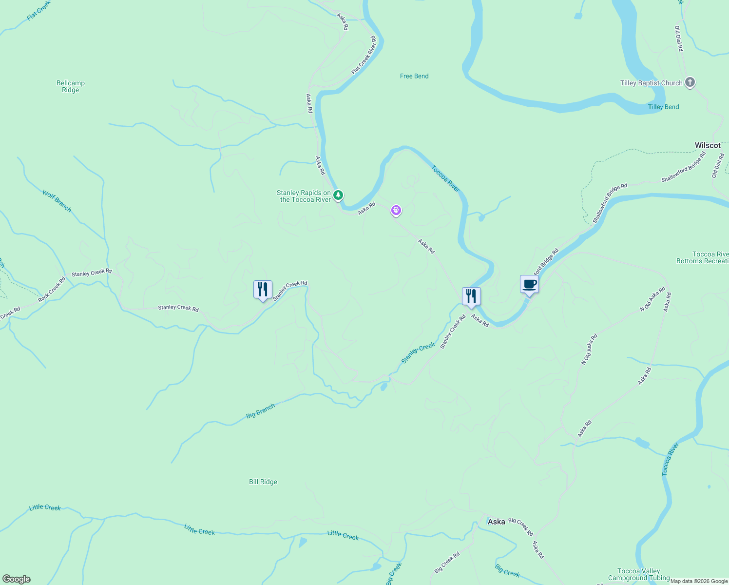 map of restaurants, bars, coffee shops, grocery stores, and more near 490 Stover Knob Trail in Cherry Log