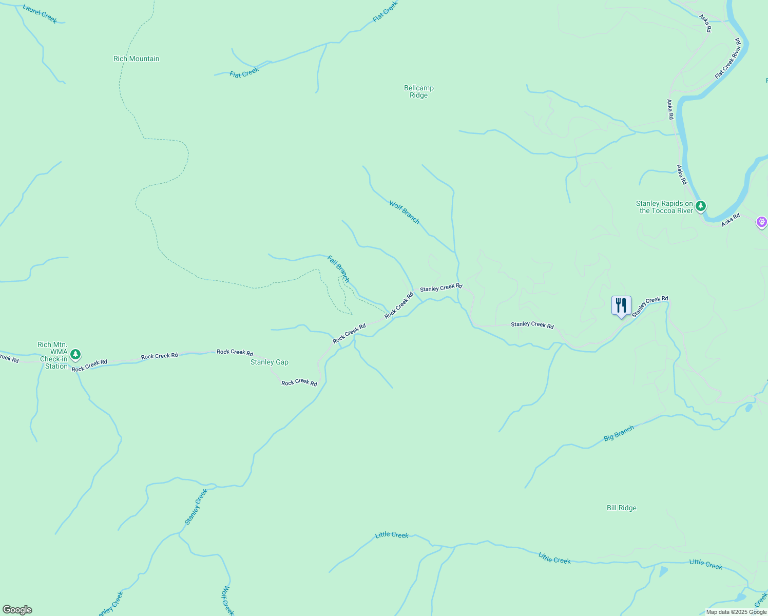 map of restaurants, bars, coffee shops, grocery stores, and more near 3078 Rock Creek Road in Cherry Log