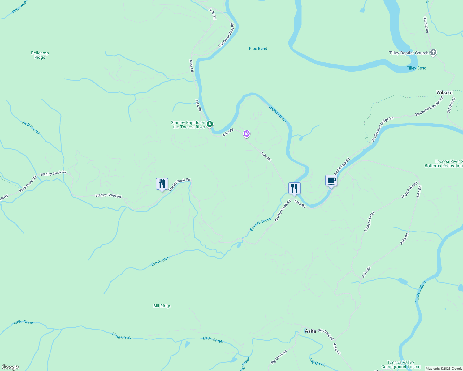 map of restaurants, bars, coffee shops, grocery stores, and more near 490 Stover Knob Trail in Cherry Log