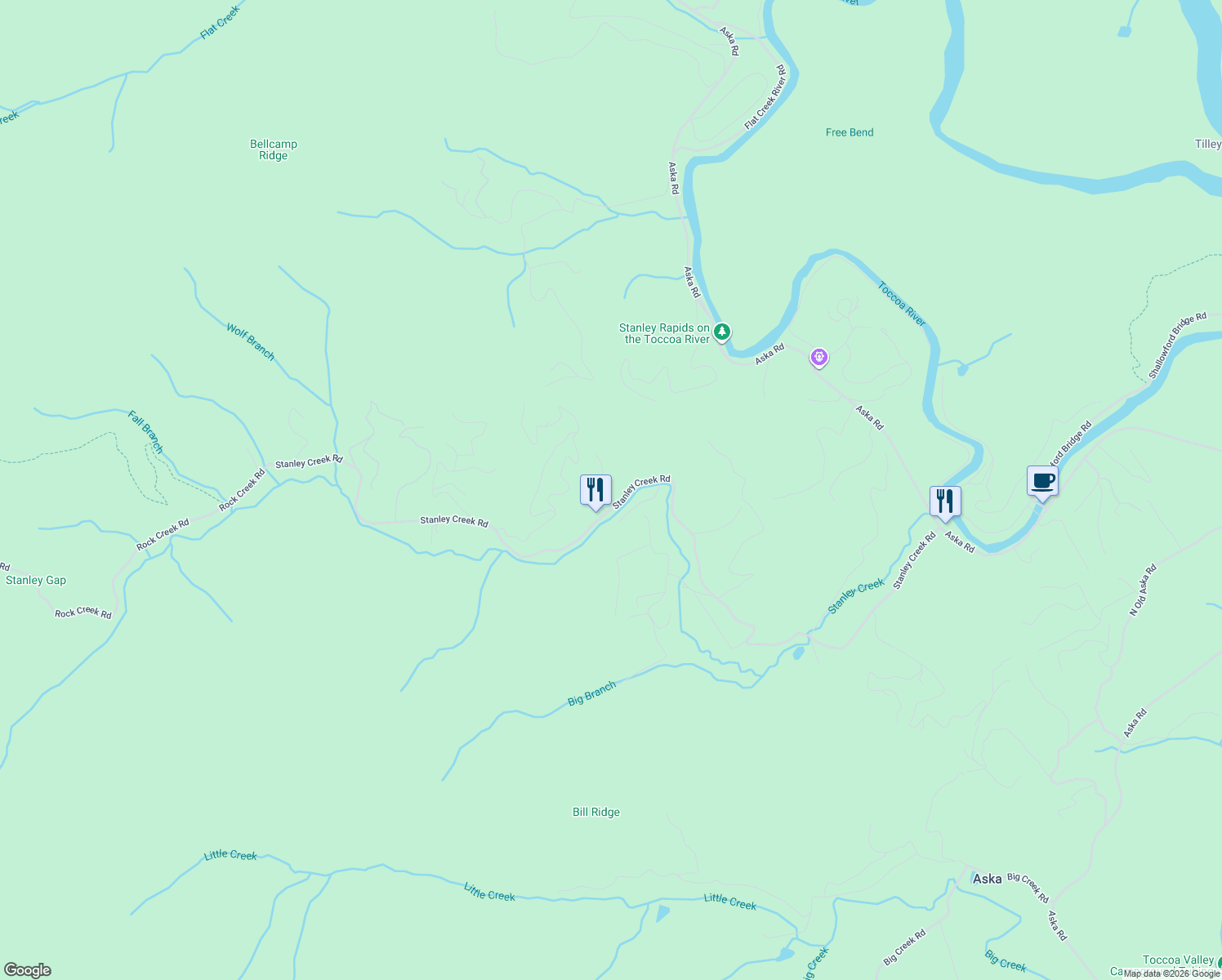 map of restaurants, bars, coffee shops, grocery stores, and more near 104 Forest Branch Trail in Cherry Log