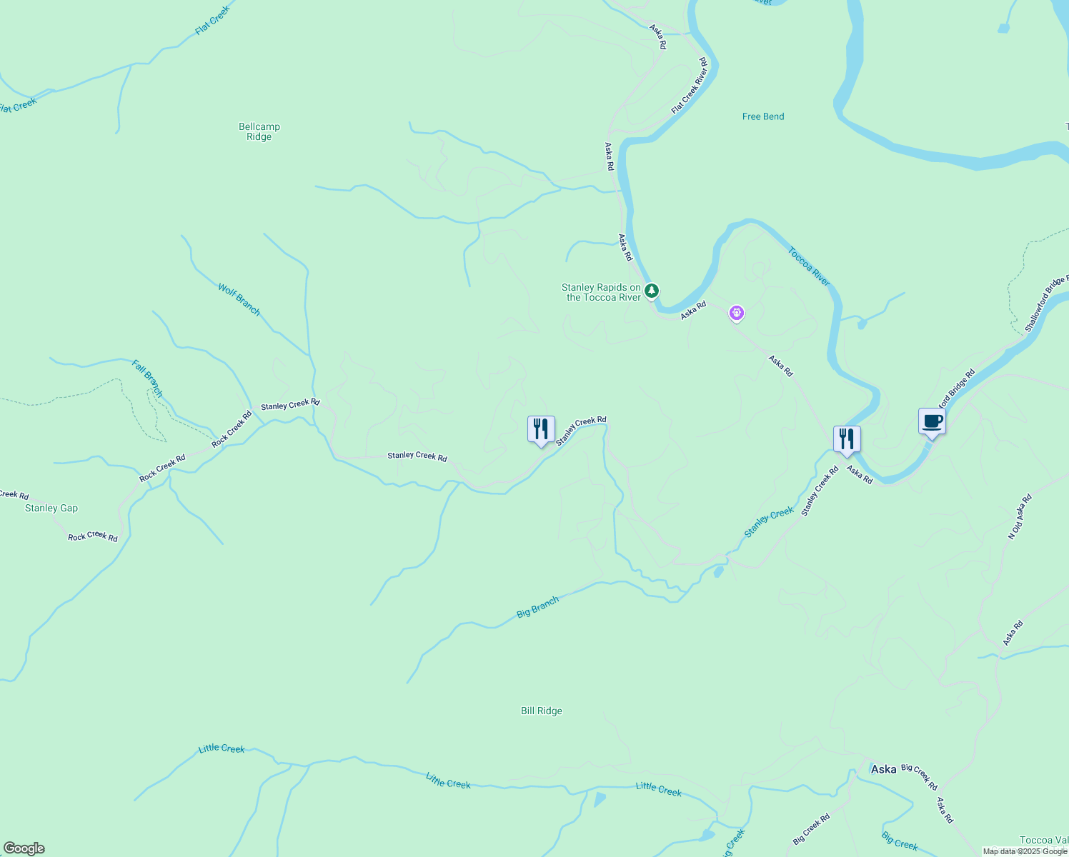 map of restaurants, bars, coffee shops, grocery stores, and more near 131 Forest Branch Trail in Cherry Log