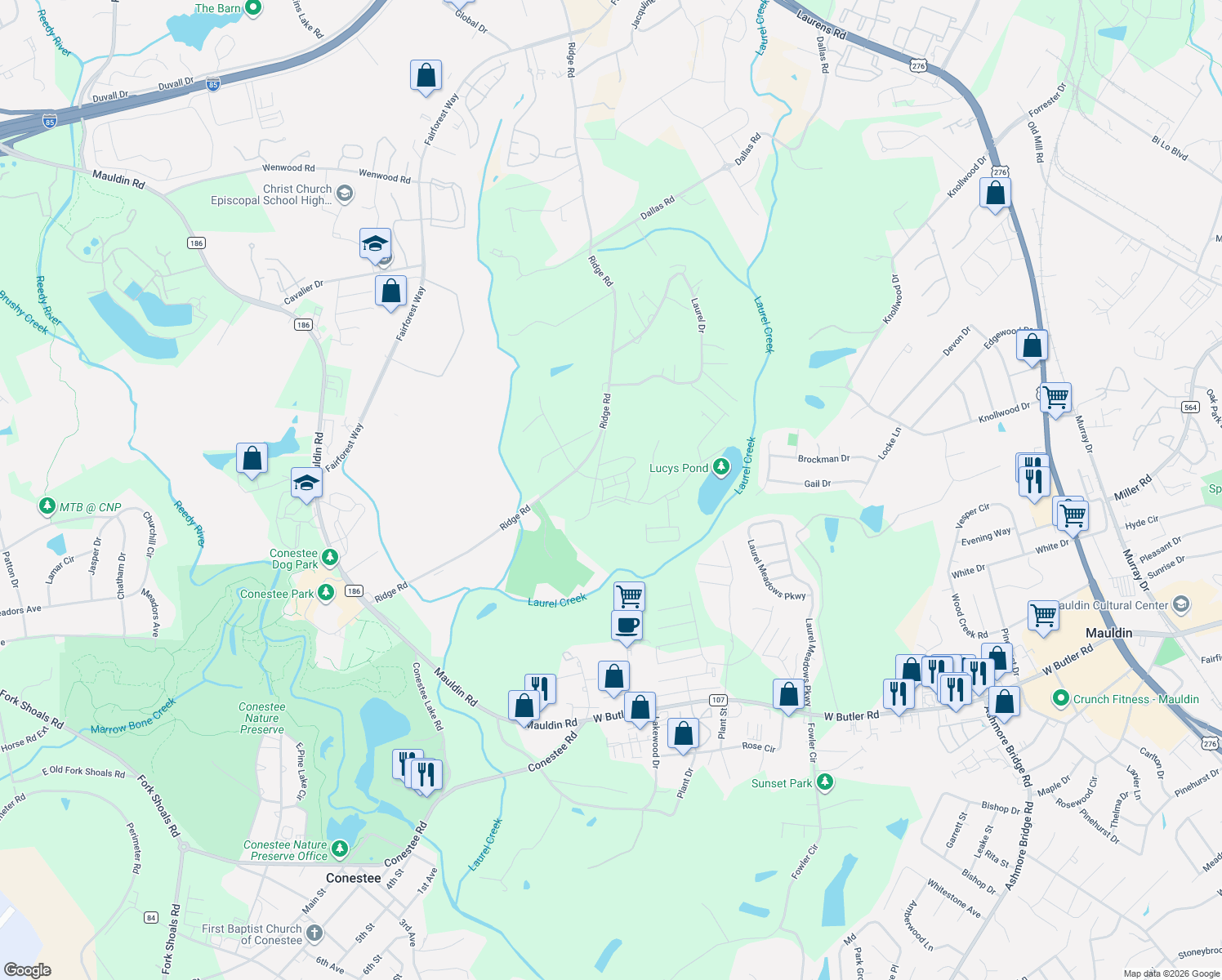 map of restaurants, bars, coffee shops, grocery stores, and more near 1955 Ridge Road in Greenville