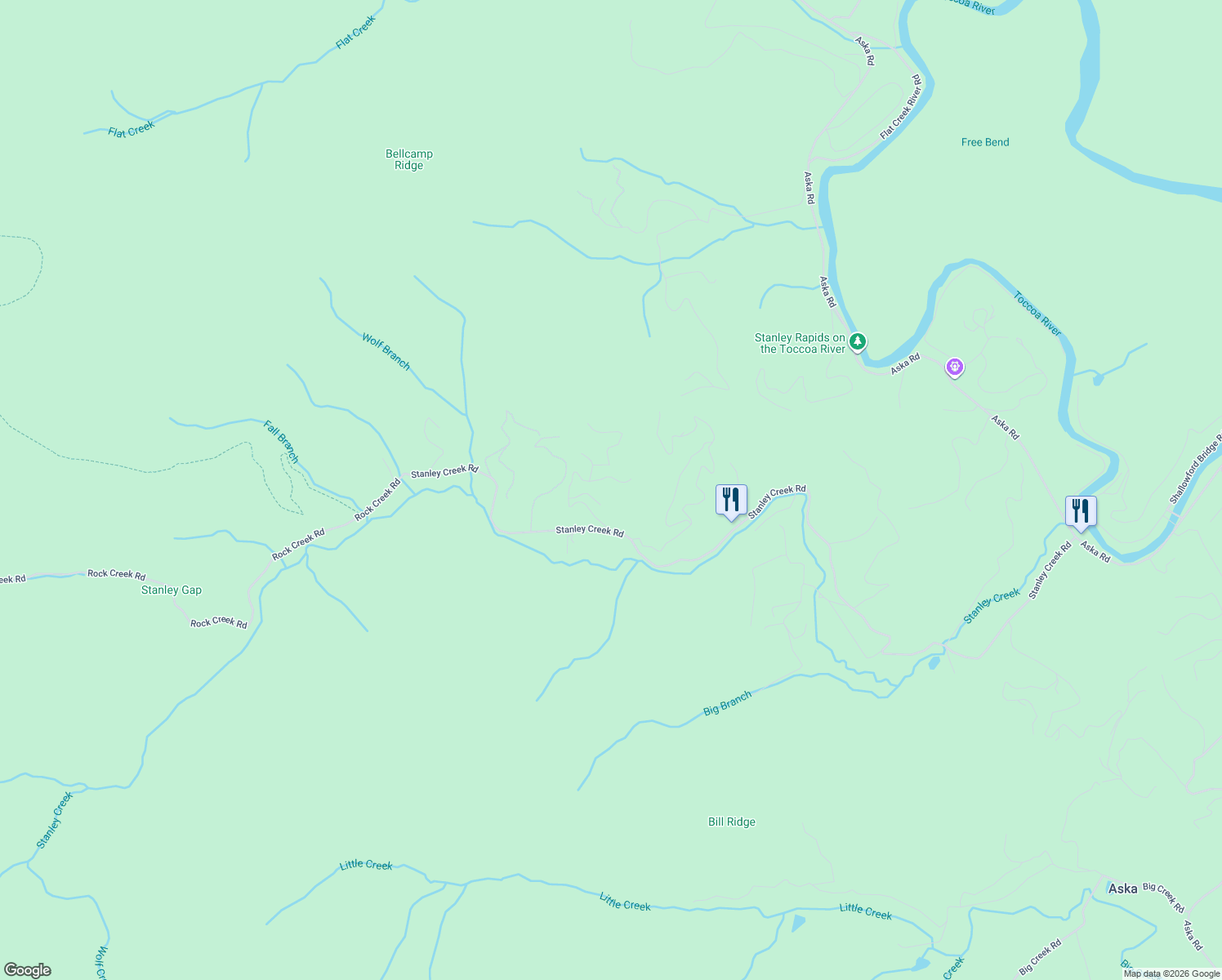 map of restaurants, bars, coffee shops, grocery stores, and more near 350 Geronimo Road in Blue Ridge