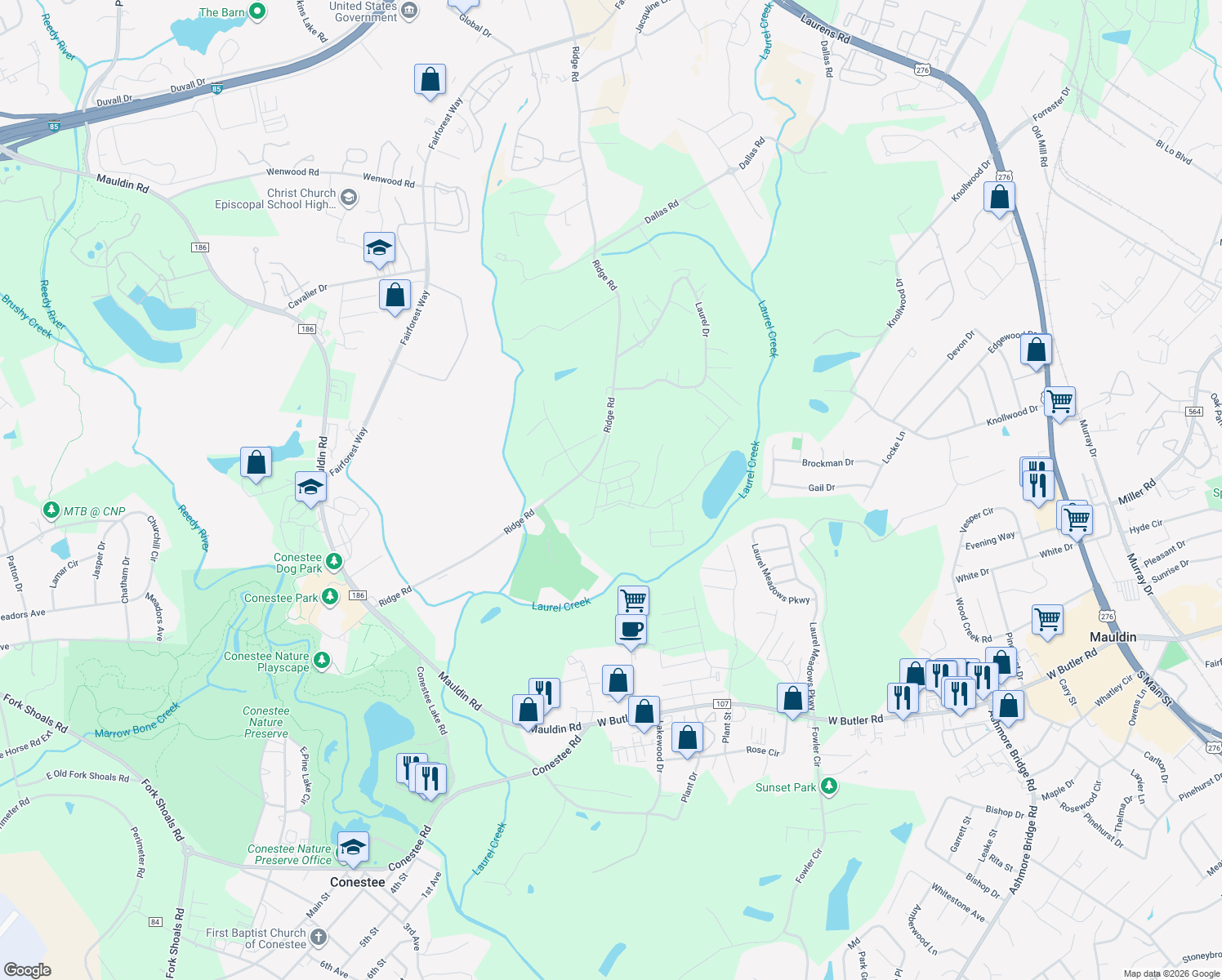 map of restaurants, bars, coffee shops, grocery stores, and more near 1955 Ridge Road in Greenville