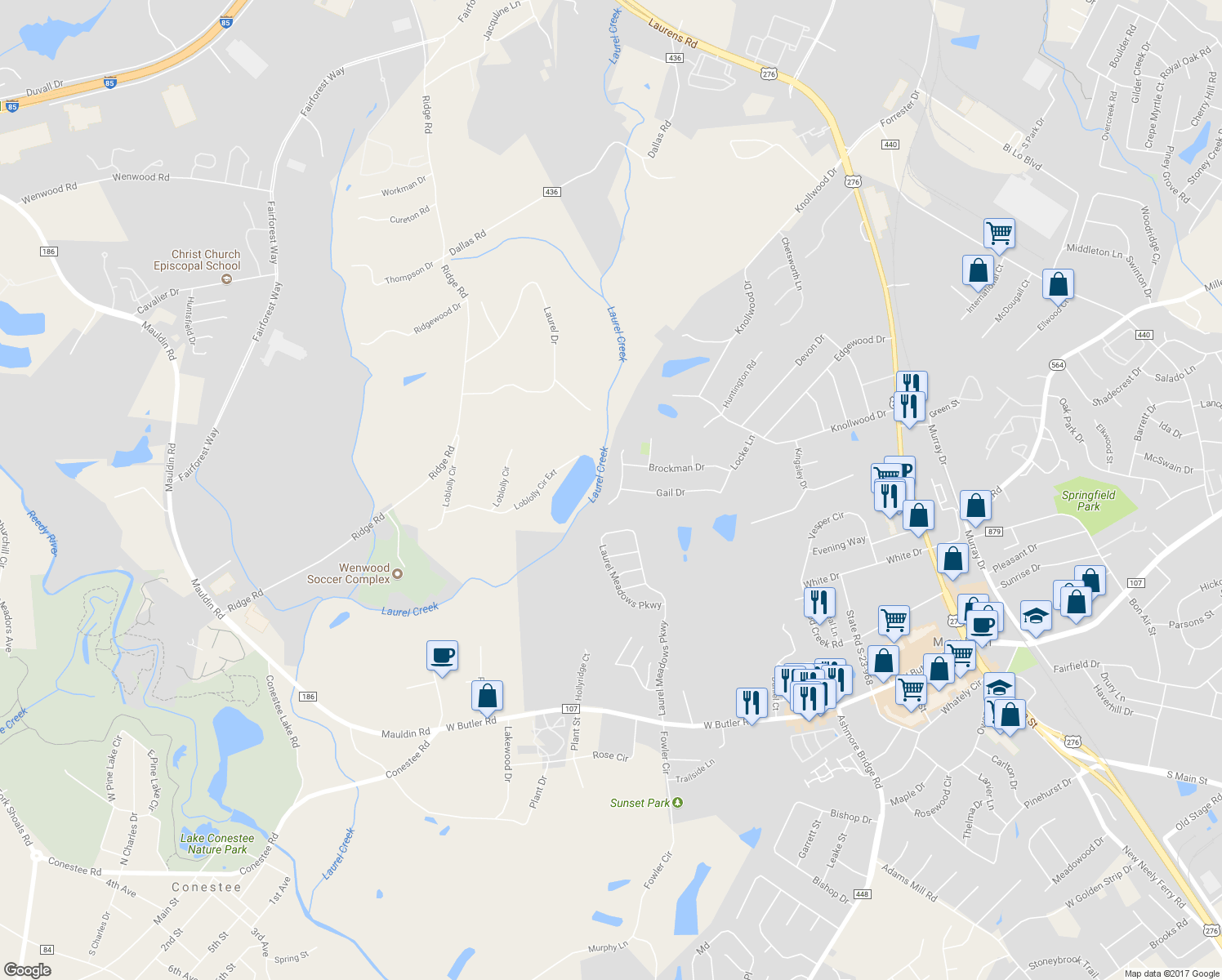 map of restaurants, bars, coffee shops, grocery stores, and more near 222 Anders Avenue in Mauldin