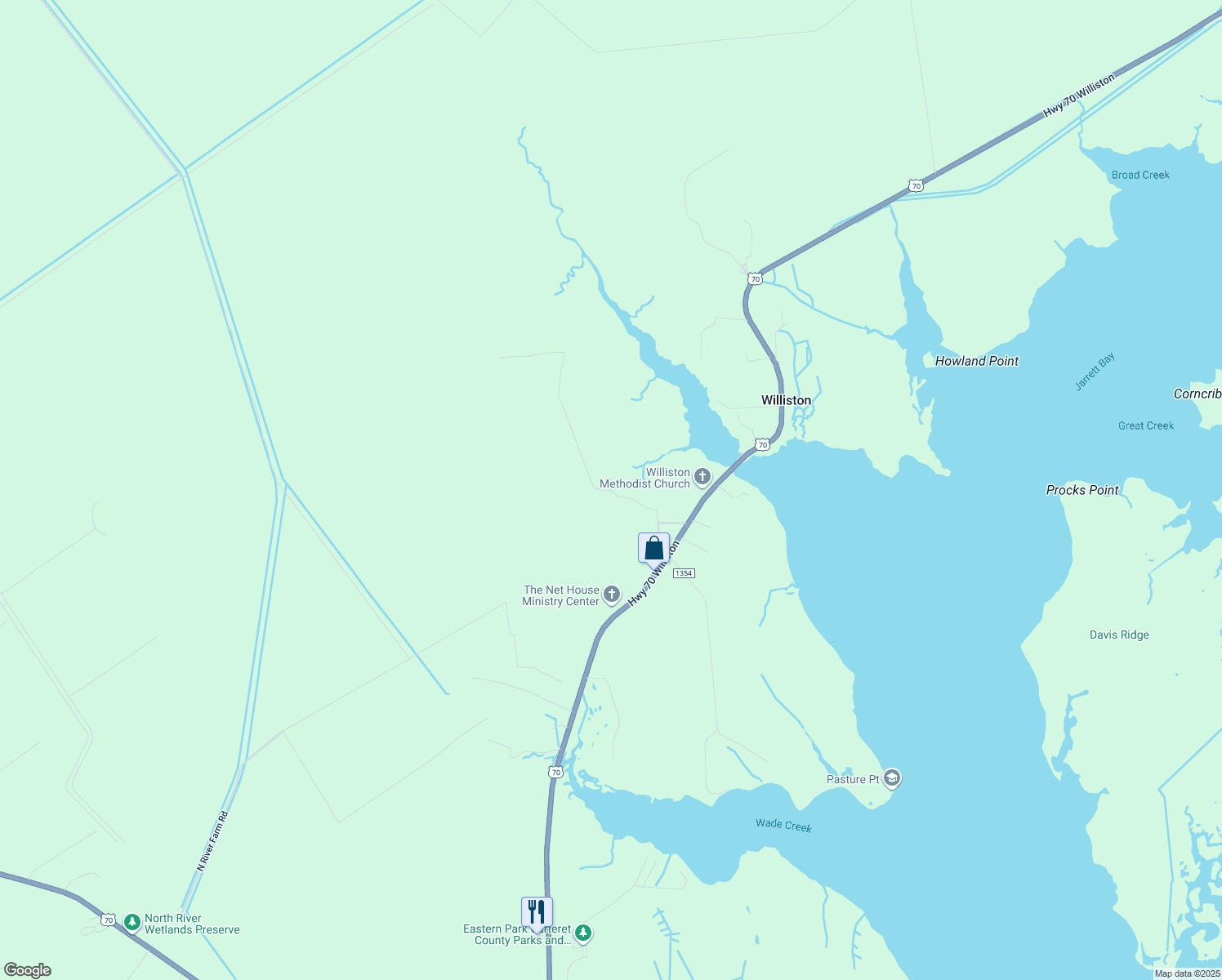 map of restaurants, bars, coffee shops, grocery stores, and more near Donnie Davis Rd in Carteret