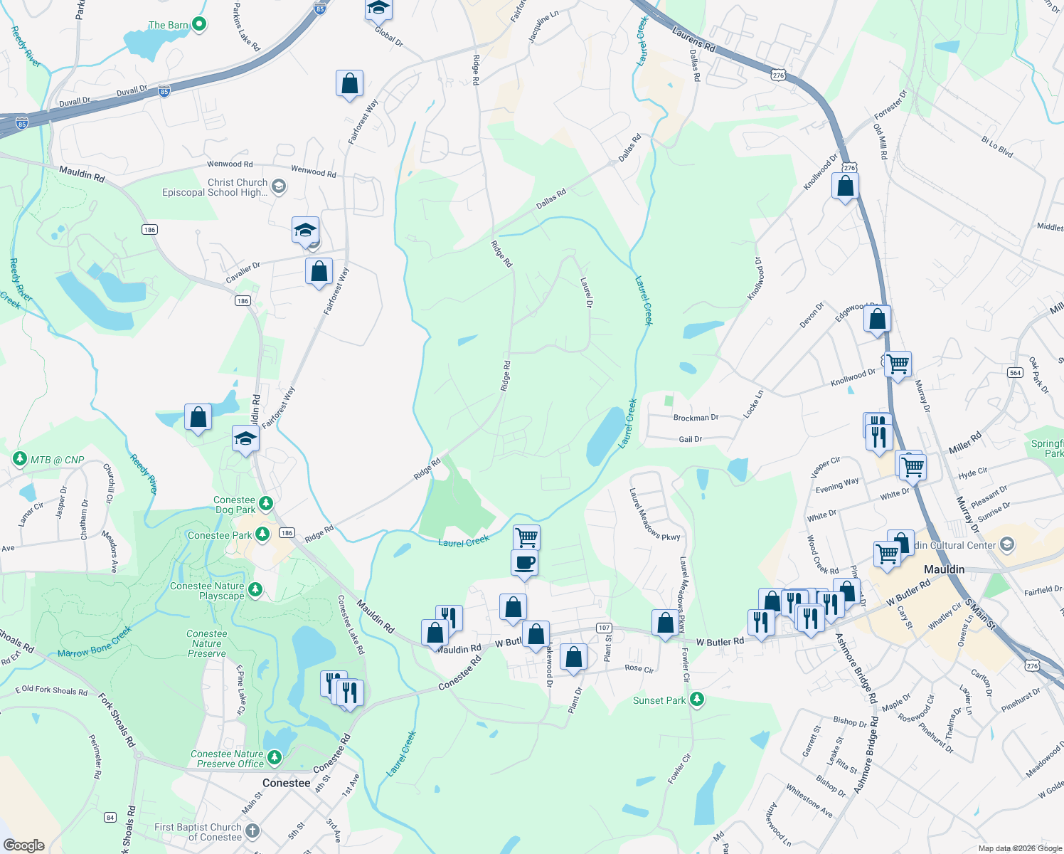 map of restaurants, bars, coffee shops, grocery stores, and more near 1307 Loblolly Circle in Greenville